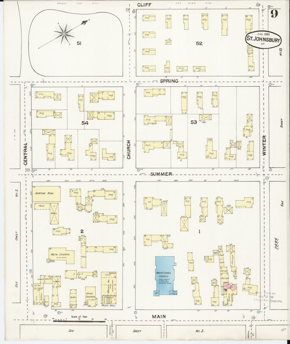 Sanborn Fire Insurance Map from Saint Johnsbury, Caledonia County, Vermont (1889), Sheet #0009 - Historic Sanborn Fire Insurance Map Print, vintage old map wall art, antique decor, genealogy gift, Vermont Vermont map