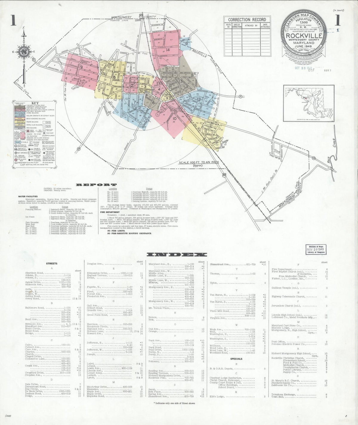 Sanborn Fire Insurance Map from Rockville, Montgomery County, Maryland (1949), Sheet #0001 - Historic Sanborn Fire Insurance Map Print, vintage old map wall art, antique decor, genealogy gift, Maryland Maryland map