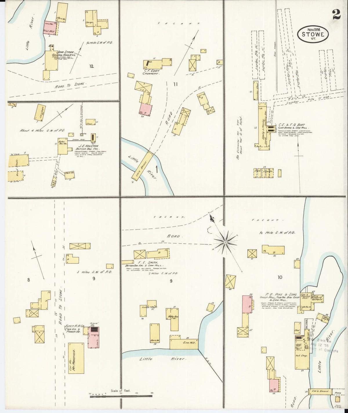 Sanborn Fire Insurance Map from Stowe, Lamoille County, Vermont (1898), Sheet #0002 - Historic Sanborn Fire Insurance Map Print, vintage old map wall art, antique decor, genealogy gift, Vermont Vermont map