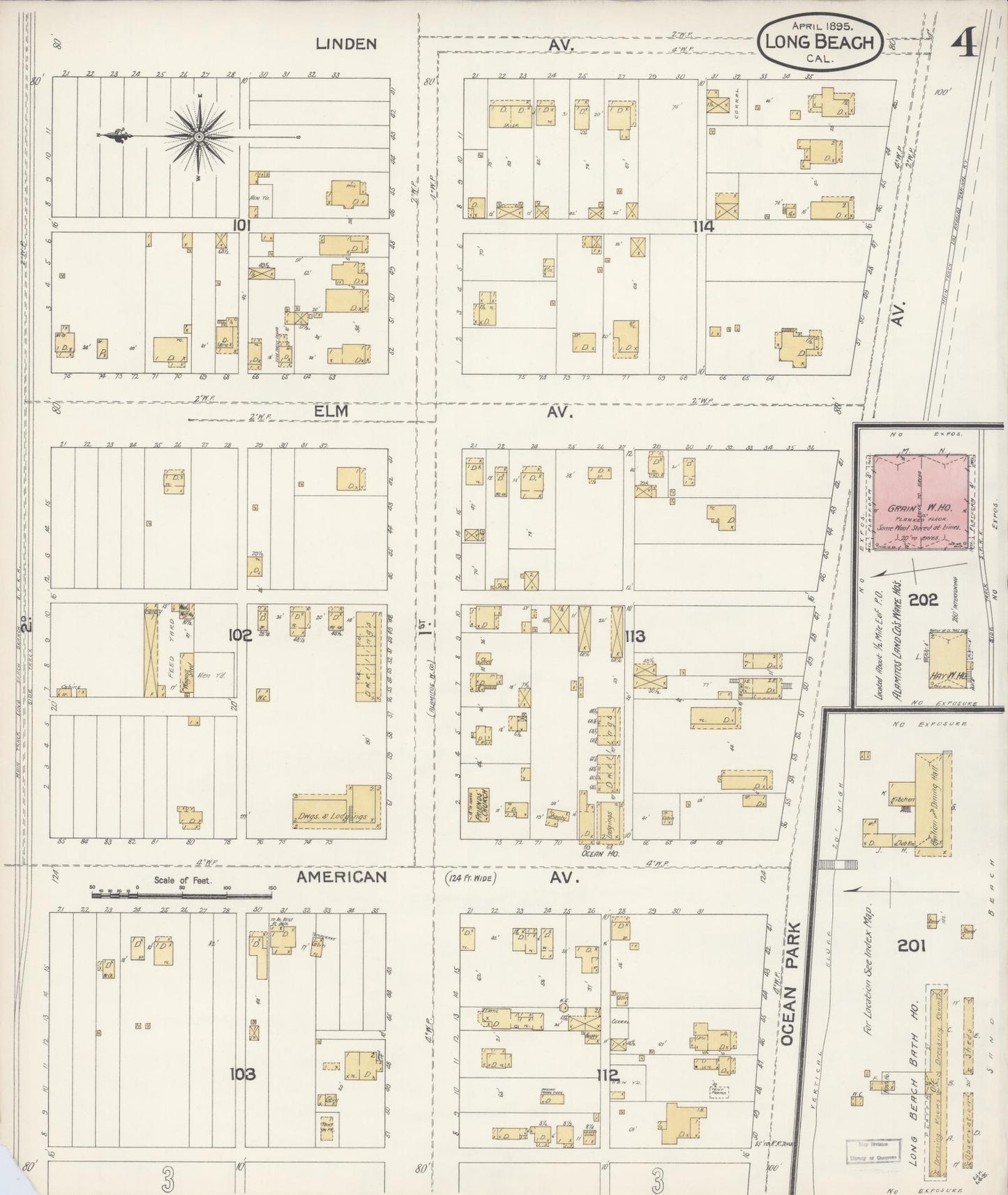 Sanborn Fire Insurance Map from Long Beach, Los Angeles County, California (1895), Sheet #0004 - Historic Sanborn Fire Insurance Map Print, vintage old map wall art, antique decor, genealogy gift, California California map