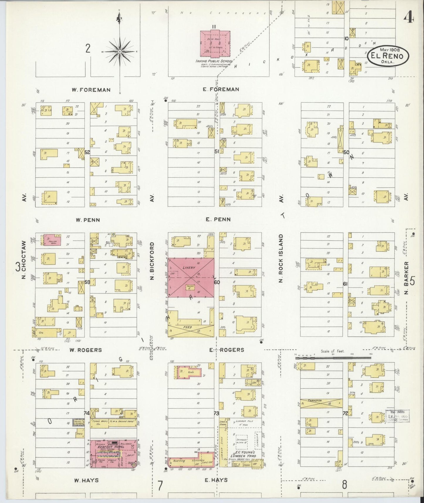 Sanborn Fire Insurance Map from El Reno, Canadian County, Oklahoma (1908), Sheet #0004 - Historic Sanborn Fire Insurance Map Print, vintage old map wall art, antique decor, genealogy gift, Oklahoma Oklahoma map