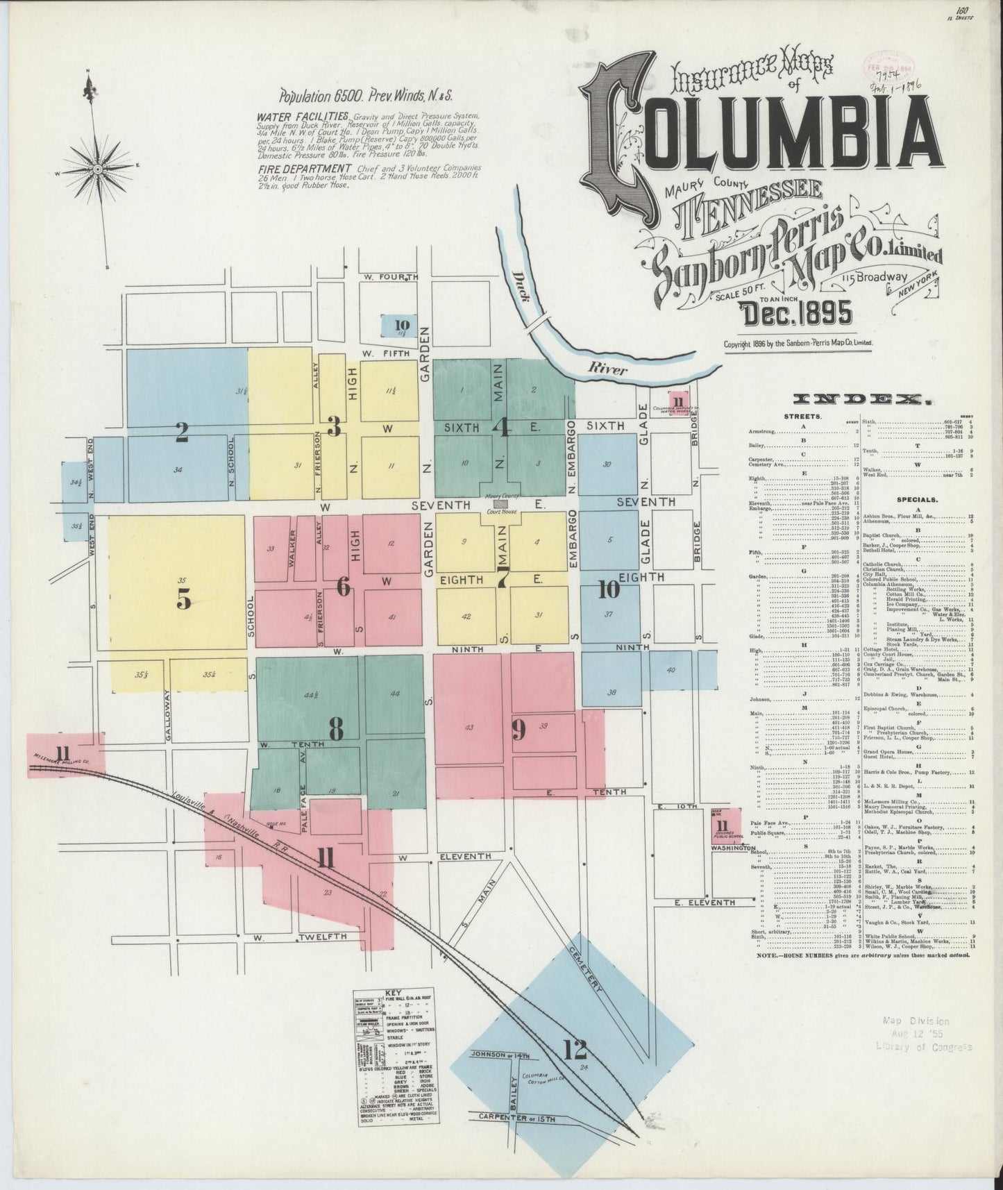 Sanborn Fire Insurance Map from Columbia, Maury County, Tennessee. (1895) – Historic Sanborn Fire Insurance Map Print