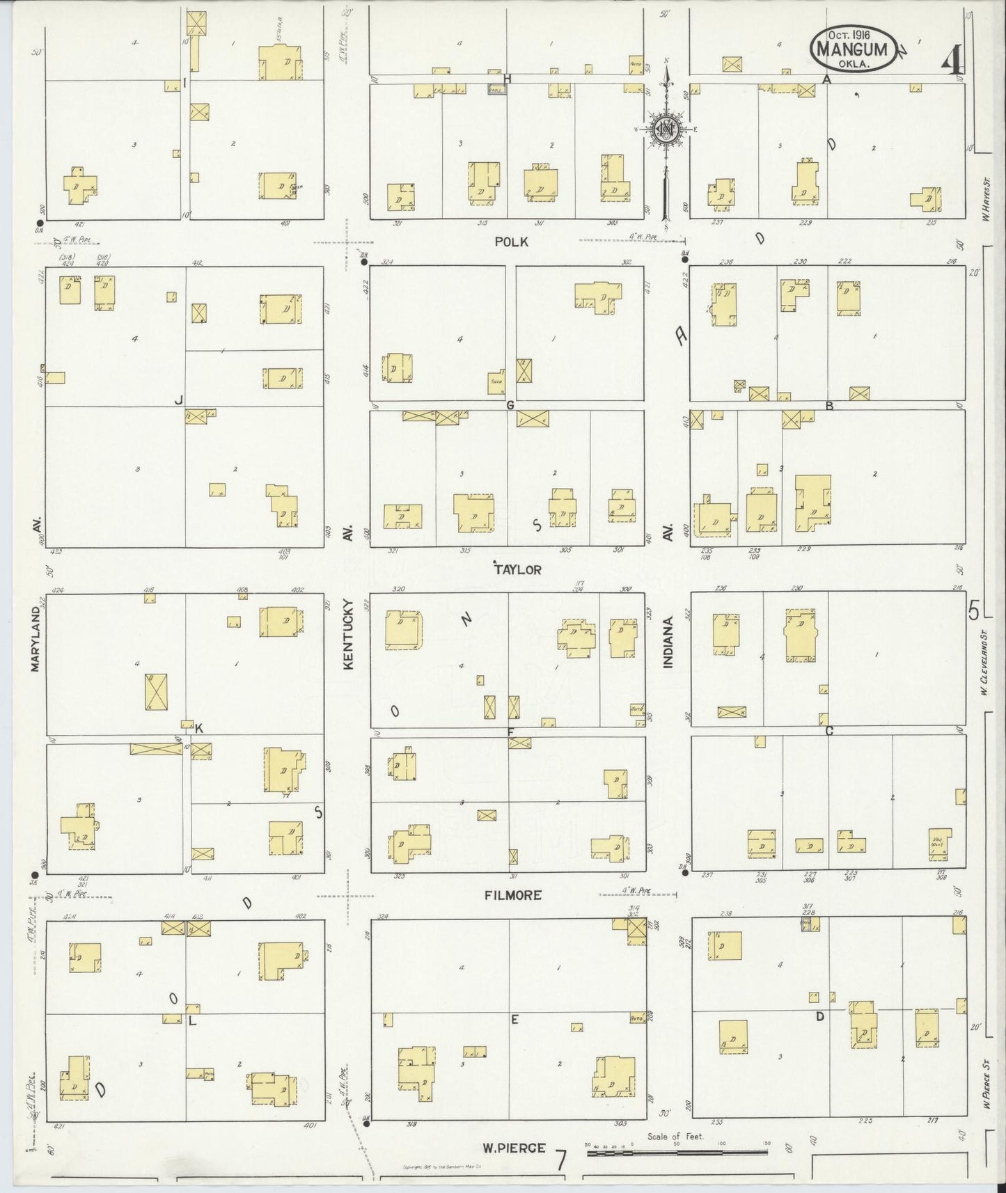 Sanborn Fire Insurance Map from Mangum, Greer County, Oklahoma (1916), Sheet #0004 - Historic Sanborn Fire Insurance Map Print, vintage old map wall art, antique decor, genealogy gift, Oklahoma Oklahoma map