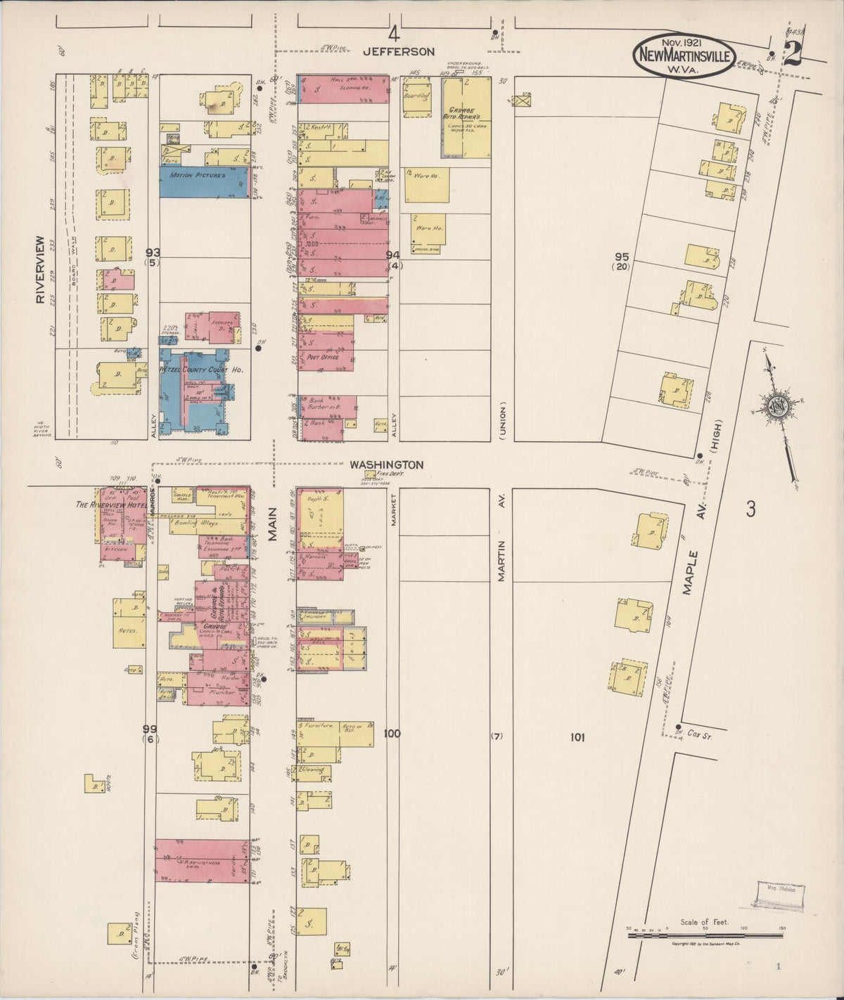 Sanborn Fire Insurance Map from New Martinsville, Wetzel County, West Virginia (1921), Sheet #0002 - Historic Sanborn Fire Insurance Map Print, vintage old map wall art, antique decor, genealogy gift, West Virginia West Virginia map