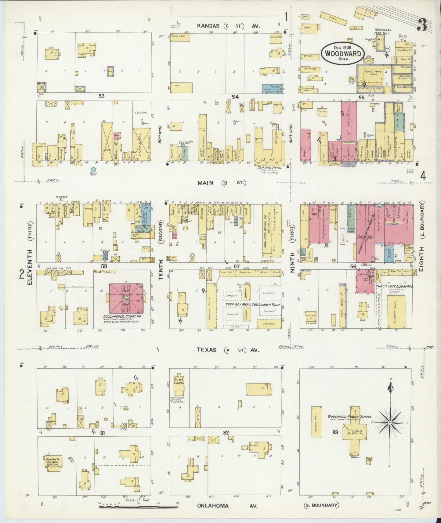 Sanborn Fire Insurance Map from Woodward, Woodward County, Oklahoma (1908), Sheet #0003 - Historic Sanborn Fire Insurance Map Print, vintage old map wall art, antique decor, genealogy gift, Oklahoma Oklahoma map