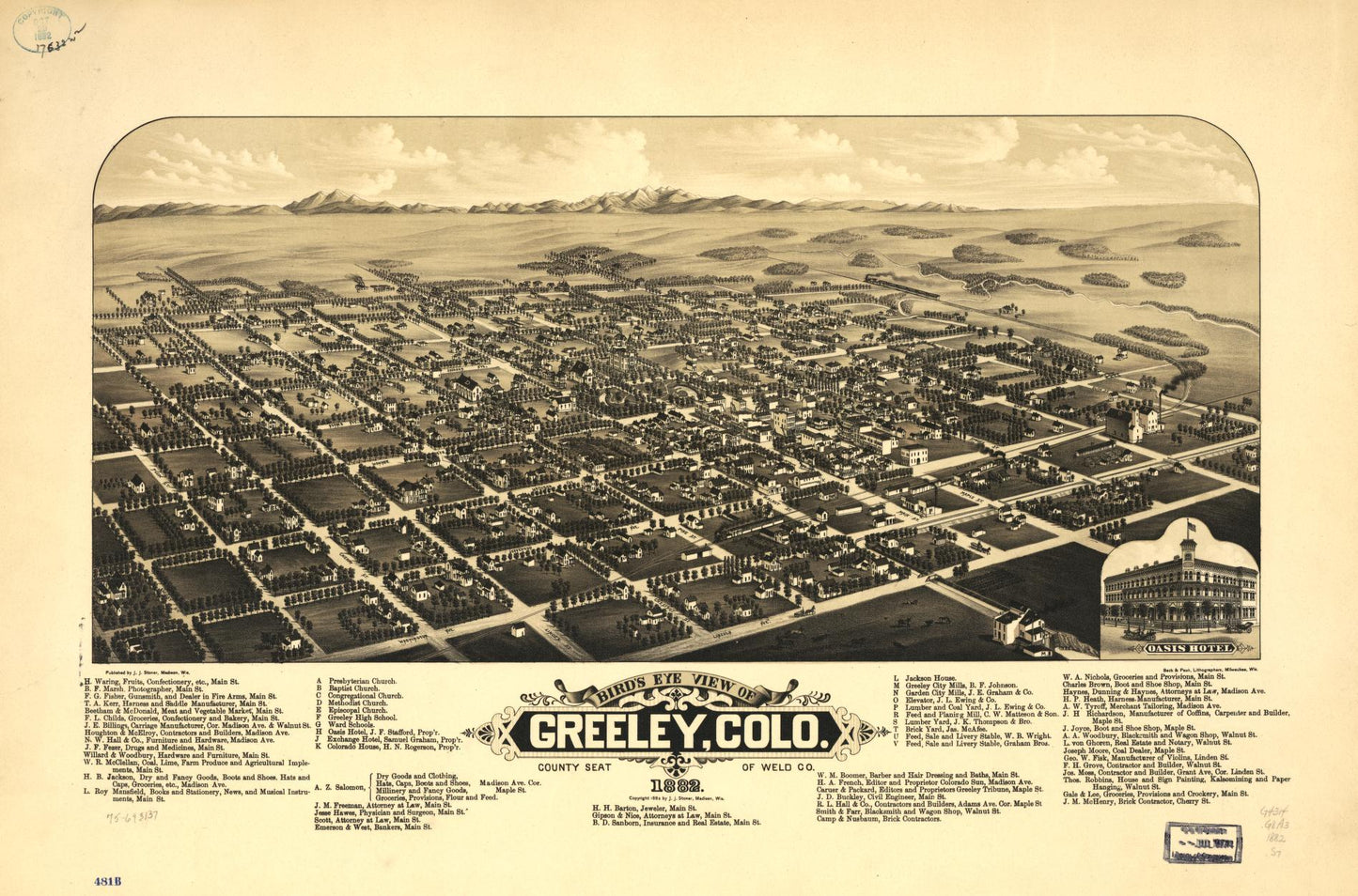 Bird's eye view of Greeley, Colo. county seat of Weld Co. 1882. (1882) – Historic Bird’s-Eye View Panorama Print