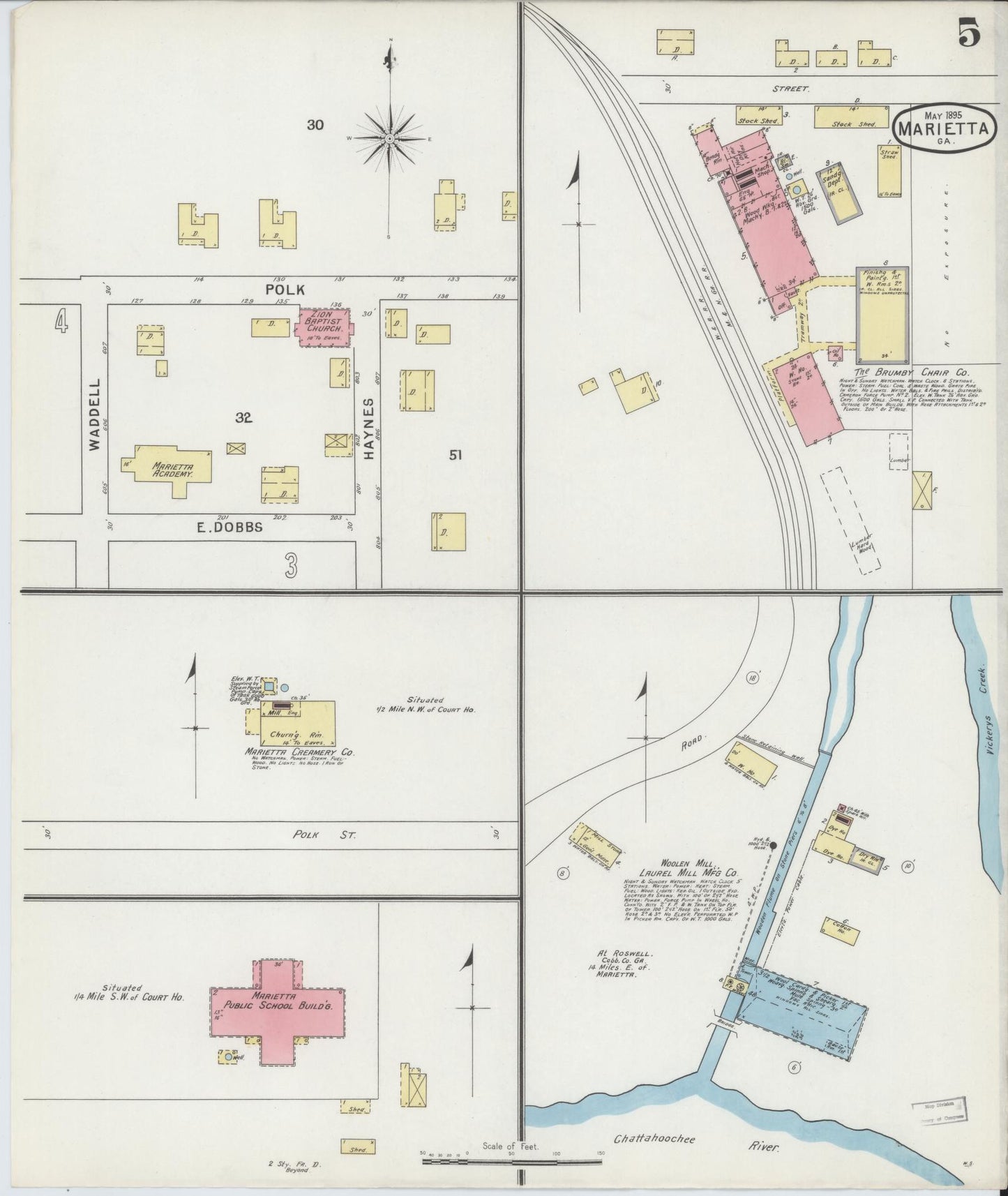 Sanborn Fire Insurance Map from Marietta, Cobb County, Georgia (1895), Sheet #0005 - Historic Sanborn Fire Insurance Map Print, vintage old map wall art, antique decor, genealogy gift, Georgia Georgia map