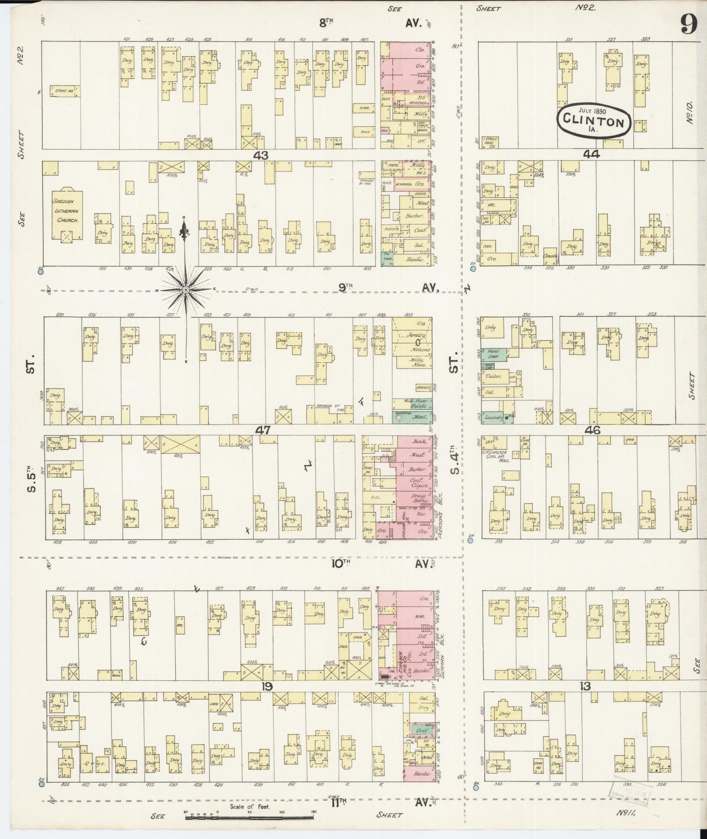 Sanborn Fire Insurance Map from Clinton, Clinton County, Iowa (1890), Sheet #0009 - Historic Sanborn Fire Insurance Map Print, vintage old map wall art