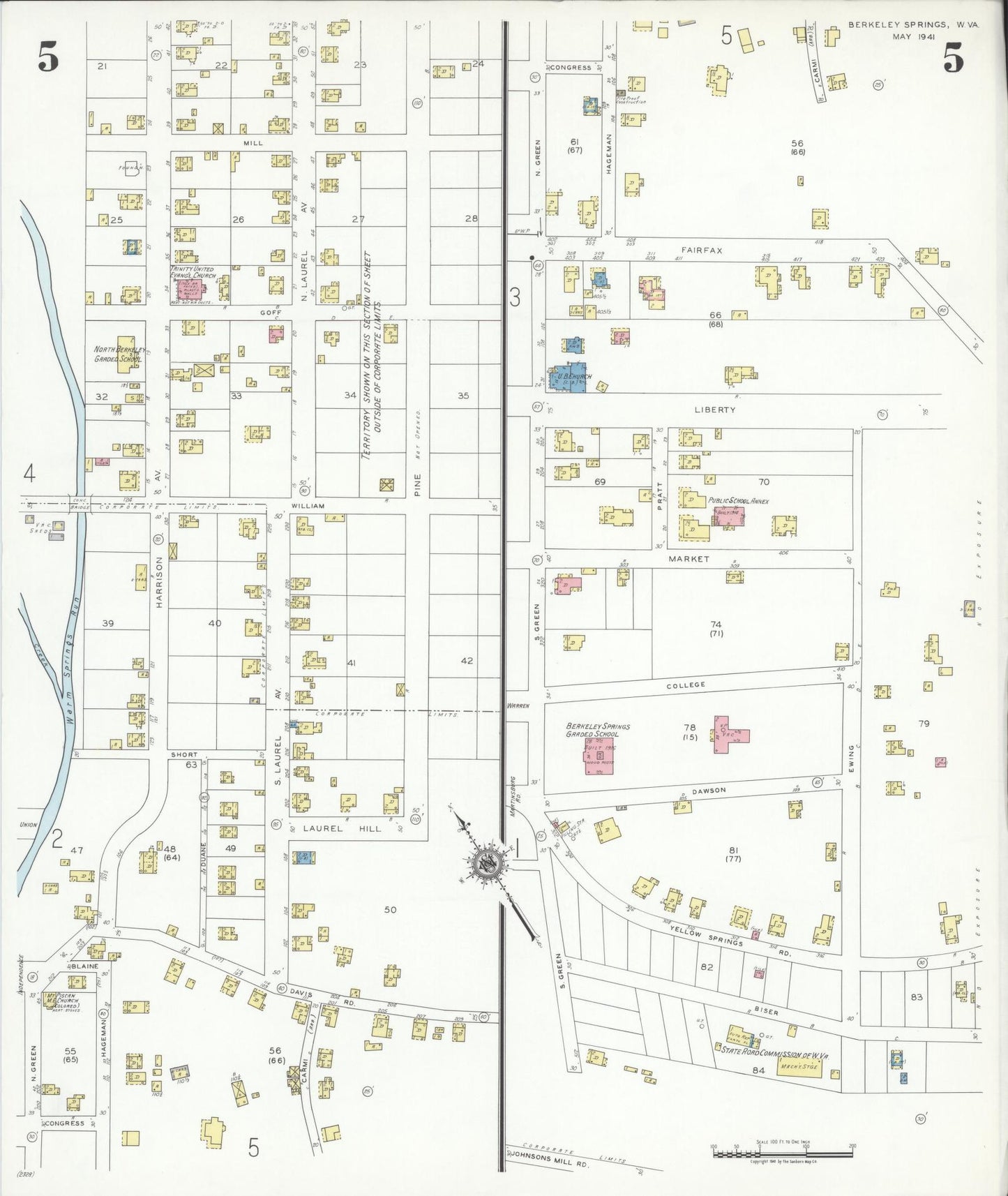 Sanborn Fire Insurance Map from Berkeley Springs, Morgan County, West Virginia (1941), Sheet #0005 - Historic Sanborn Fire Insurance Map Print, vintage old map wall art, antique decor, genealogy gift, West Virginia West Virginia map