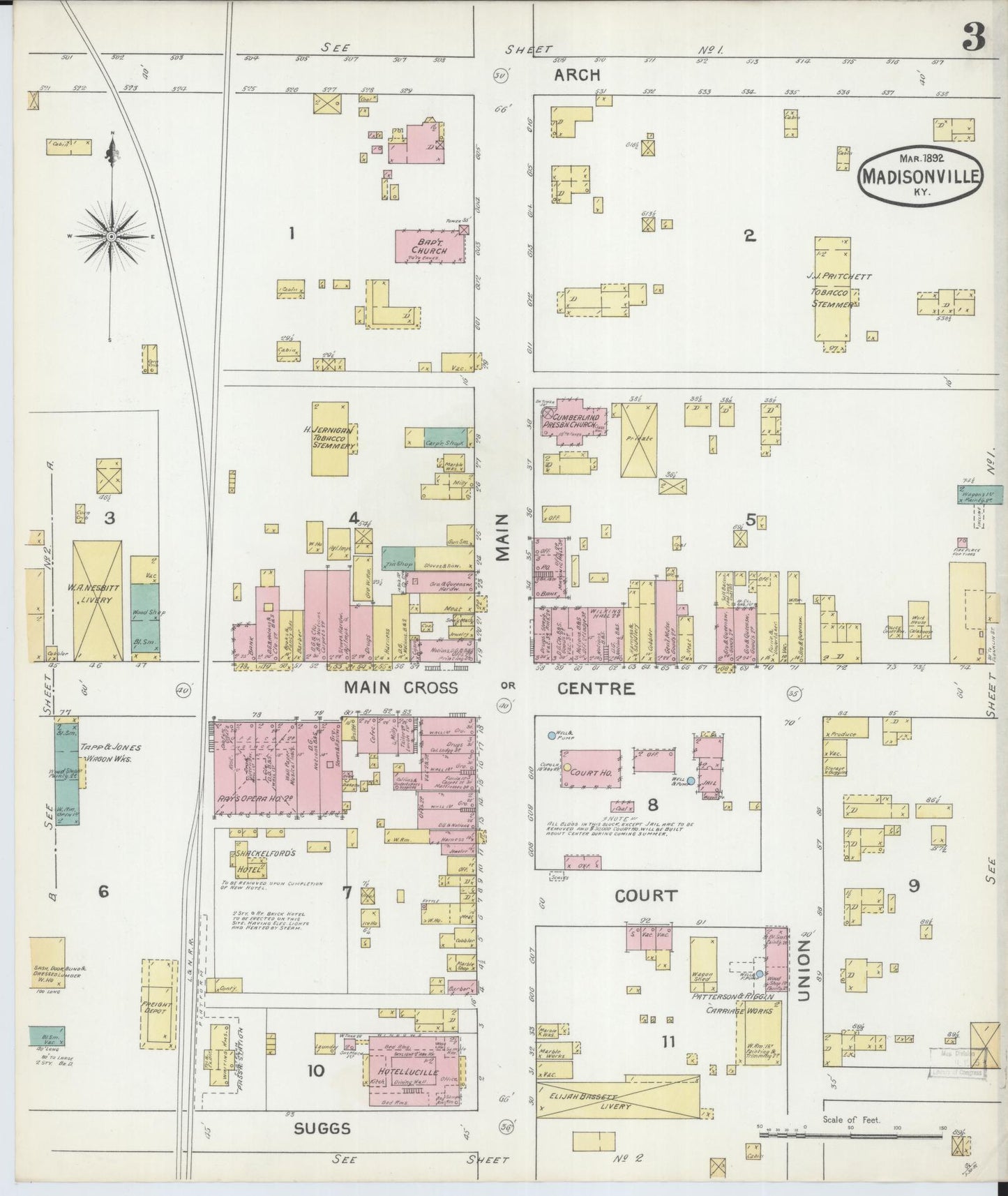 Sanborn Fire Insurance Map from Madisonville, Hopkins County, Kentucky (1892), Sheet #0003 - Complete Map Set gallery image, historic Sanborn map, vintage wall art, Kentucky Kentucky
