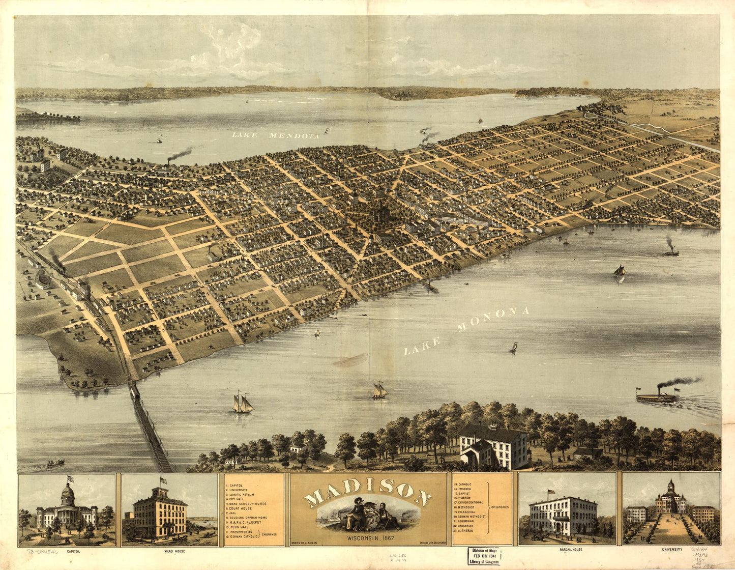 Madison, Wisconsin 1867. (1867) – Historic Bird’s-Eye View Panorama Print