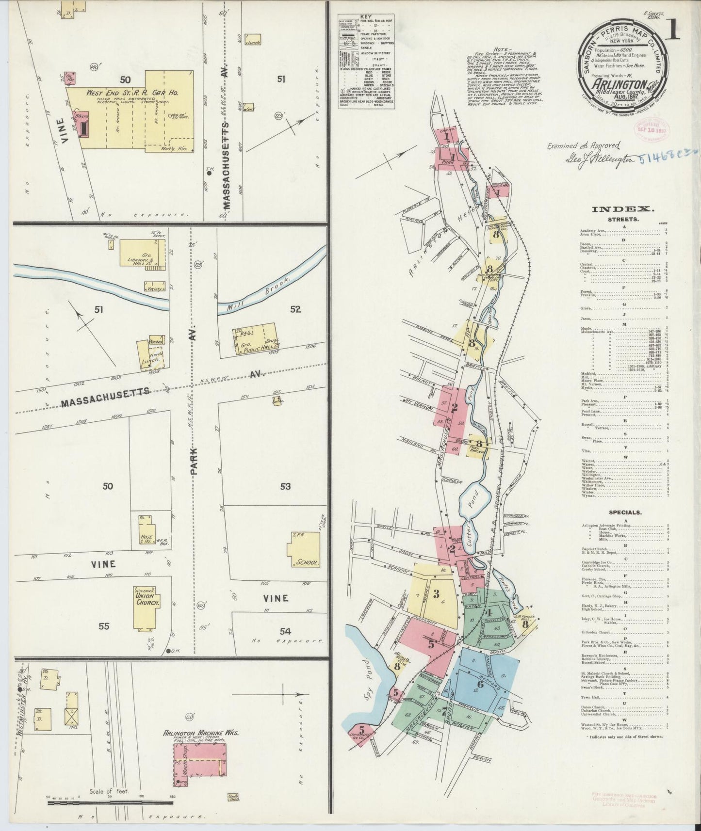 Sanborn Fire Insurance Map from Arlington, Middlesex County, Massachusetts (1897), Sheet #0001 - Historic Sanborn Fire Insurance Map Print, vintage old map wall art, antique decor, genealogy gift, Massachusetts Massachusetts map