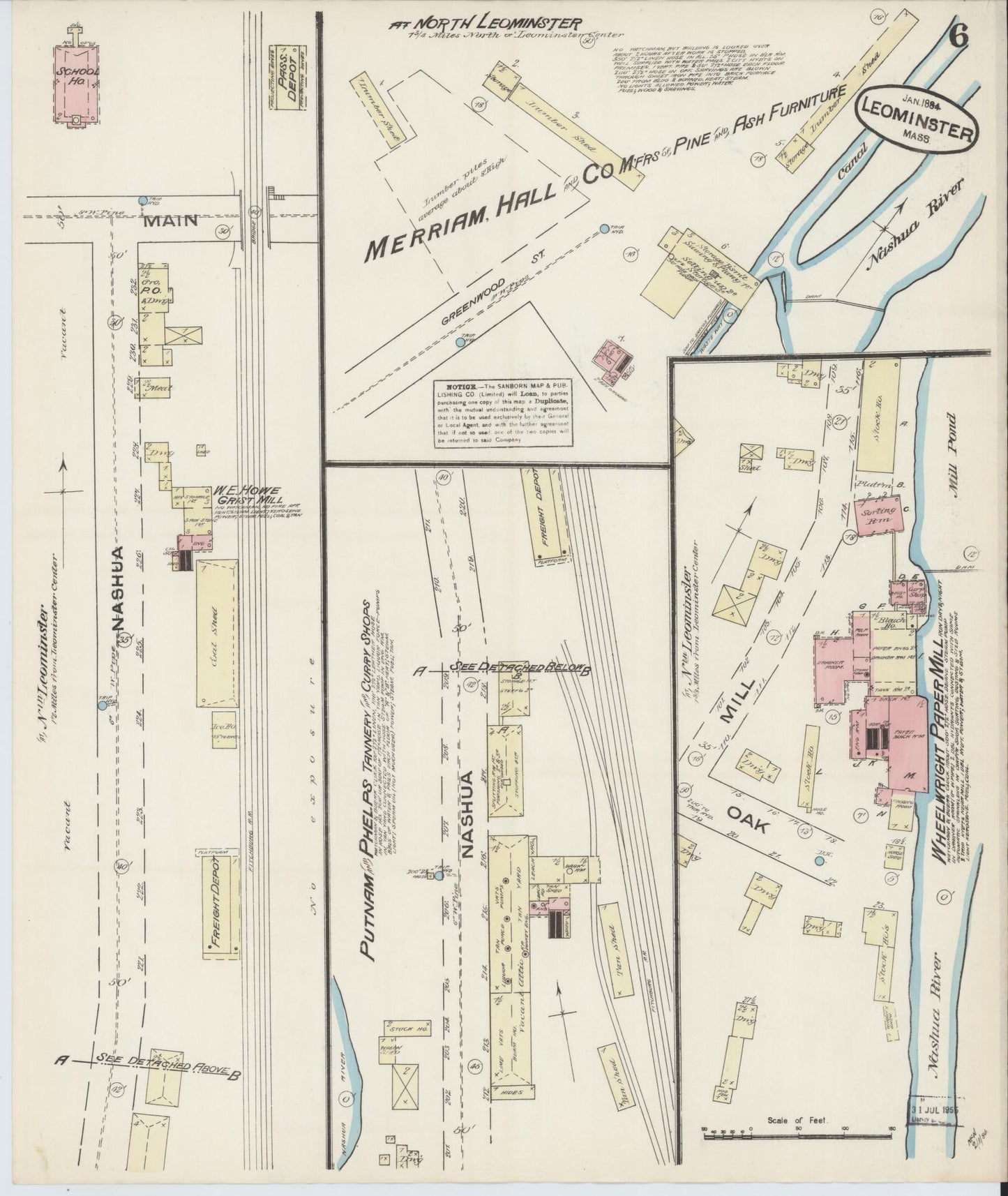 Sanborn Fire Insurance Map from Leominster, Worcester County, Massachusetts (1884), Sheet #0006 - Historic Sanborn Fire Insurance Map Print, vintage old map wall art, antique decor, genealogy gift, Massachusetts Massachusetts map