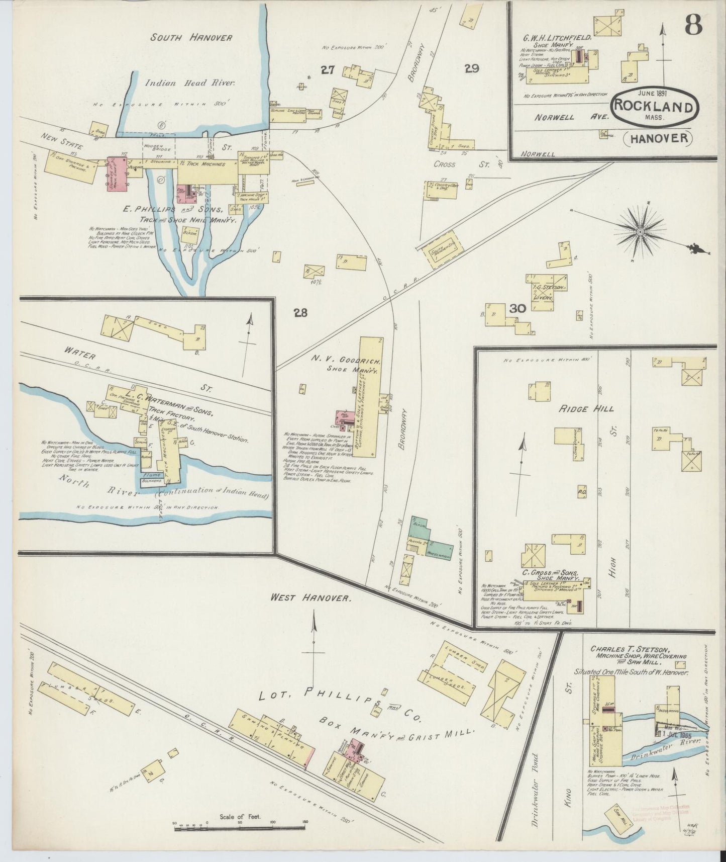 Sanborn Fire Insurance Map from Rockland, Plymouth County, Massachusetts (1891), Sheet #0008 - Complete Map Set gallery image, historic Sanborn map, vintage wall art, Massachusetts Massachusetts