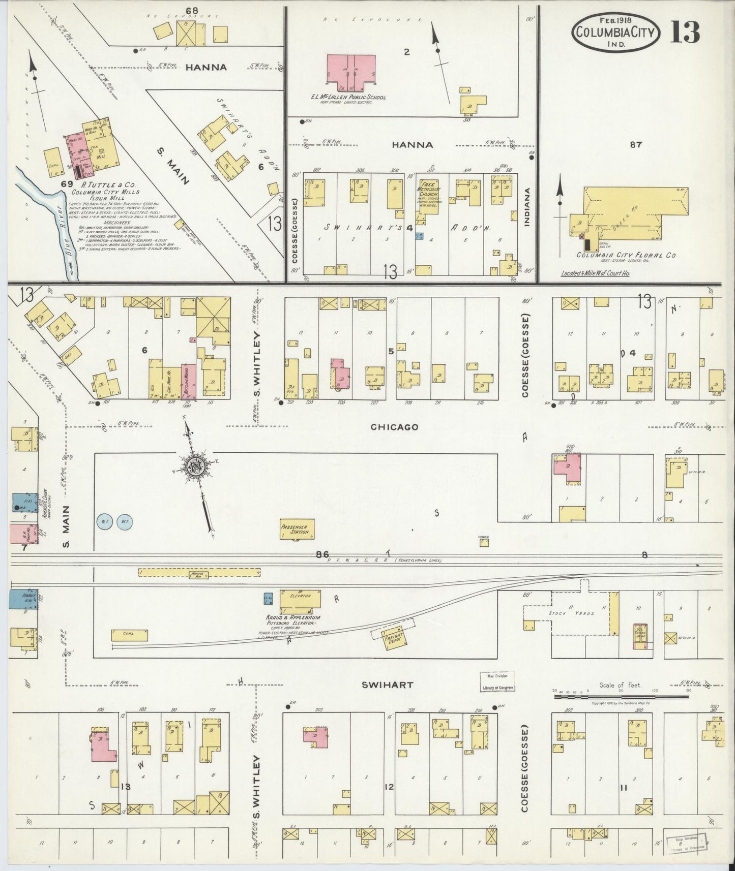 Sanborn Fire Insurance Map from Columbia City, Whitley County, Indiana (1918), Sheet #0013 - Complete Map Set gallery image, historic Sanborn map, vintage wall art, Indiana Indiana