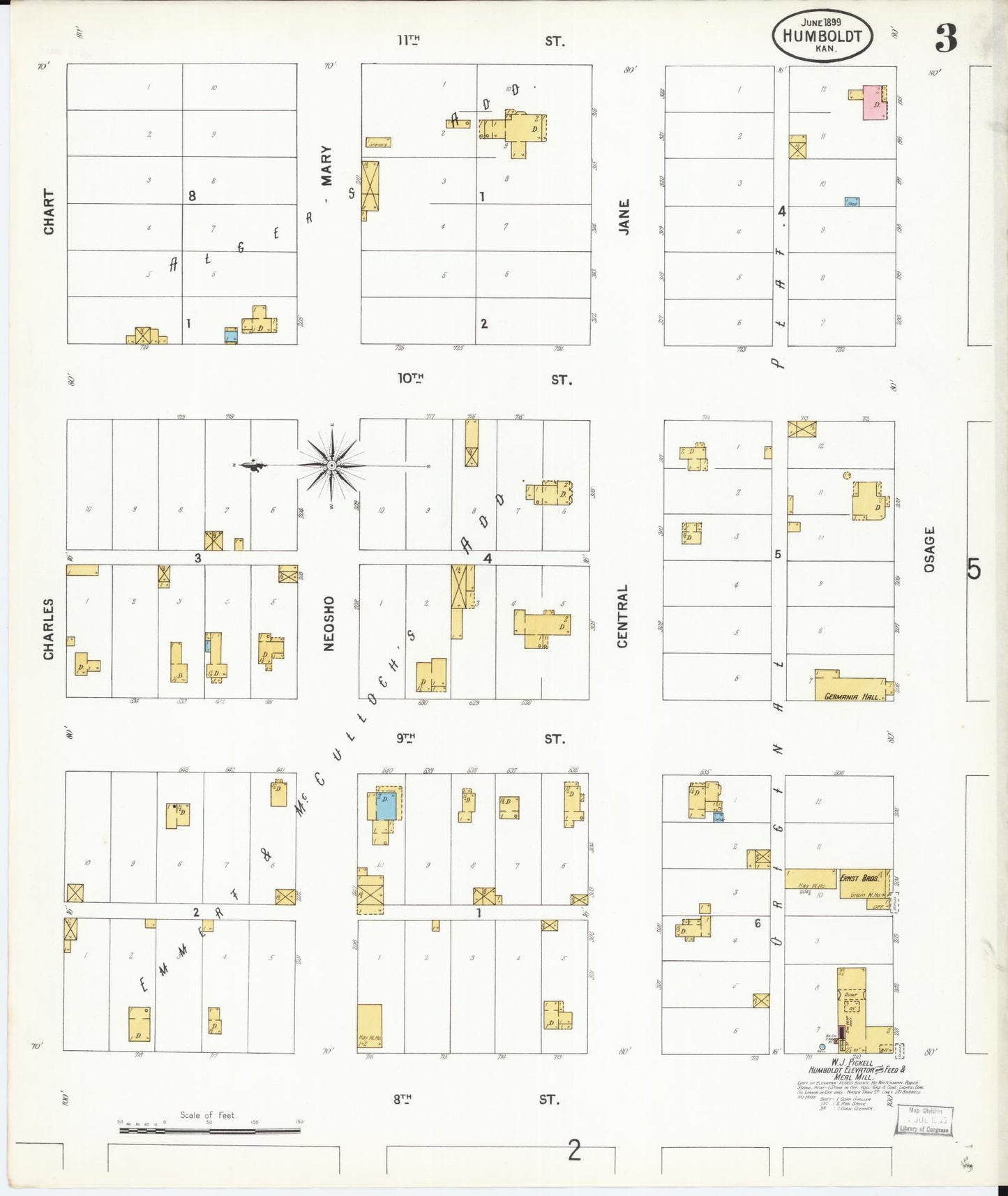 Sanborn Fire Insurance Map from Humboldt, Allen County, Kansas (1899), Sheet #0003 - Historic Sanborn Fire Insurance Map Print, vintage old map wall art, antique decor, genealogy gift, Kansas Kansas map