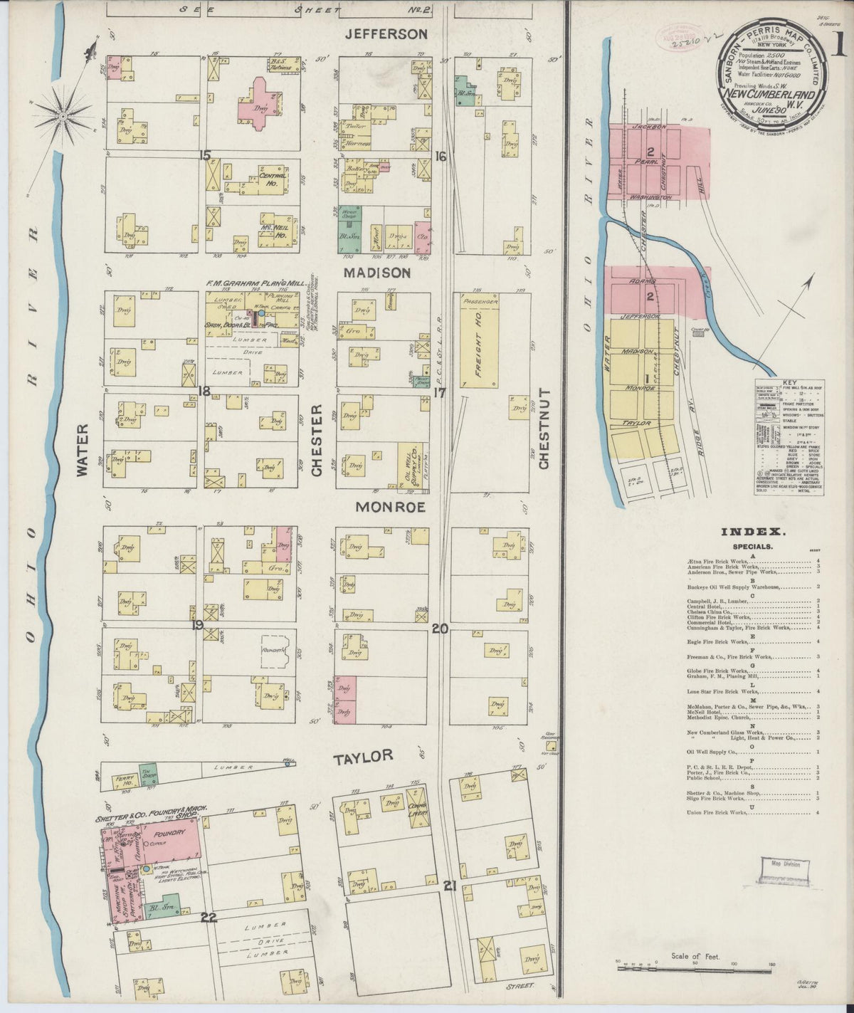 Sanborn Fire Insurance Map from New Cumberland, Hancock County, West Virginia (1890), Sheet #0001 - Historic Sanborn Fire Insurance Map Print, vintage old map wall art, antique decor, genealogy gift, West Virginia West Virginia map
