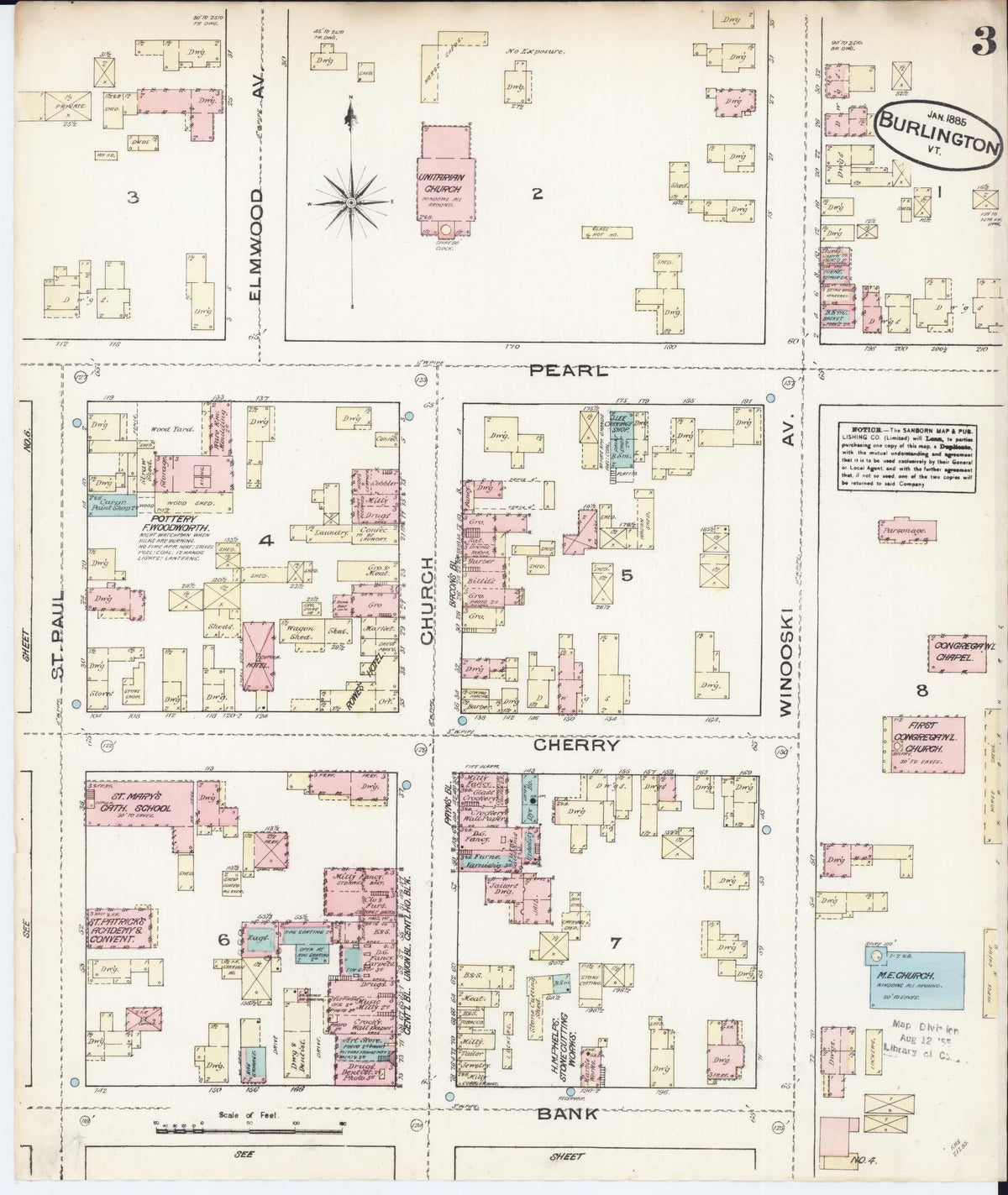 Sanborn Fire Insurance Map from Burlington, Chittenden County, Vermont (1885), Sheet #0003 - Historic Sanborn Fire Insurance Map Print, vintage old map wall art, antique decor, genealogy gift, Vermont Vermont map