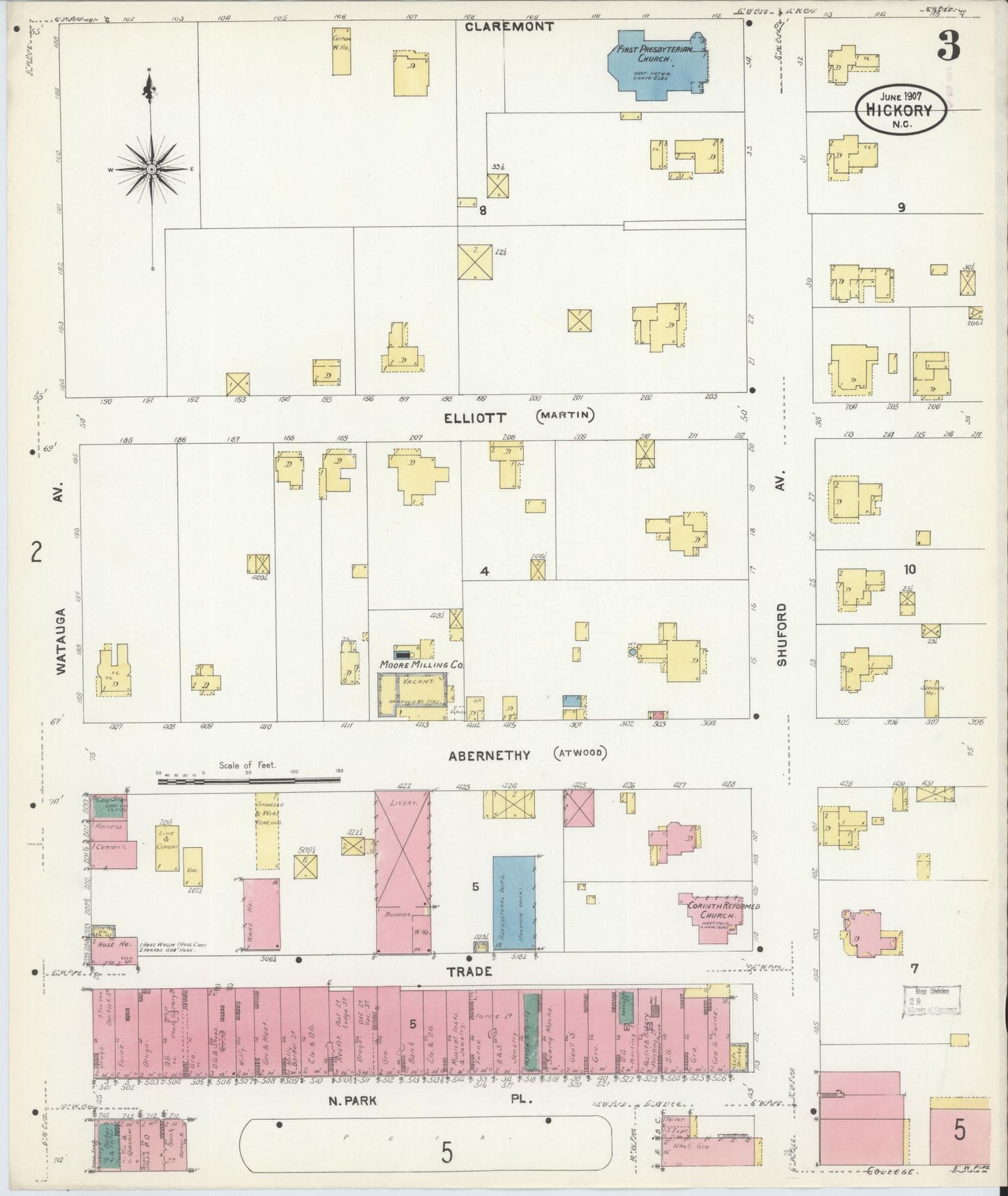 Sanborn Fire Insurance Map from Hickory, Catawba County, North Carolina (1907), Sheet #0003 - Historic Sanborn Fire Insurance Map Print, vintage old map wall art, antique decor, genealogy gift, North Carolina North Carolina map