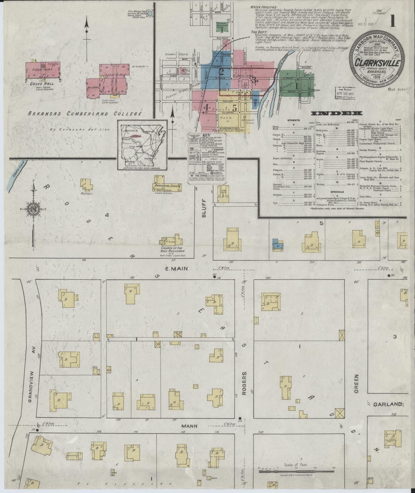 Sanborn Fire Insurance Map from Clarksville, Johnson County, Arkansas (1919), Sheet #0001 - Historic Sanborn Fire Insurance Map Print, vintage old map wall art, antique decor, genealogy gift, Arkansas Arkansas map