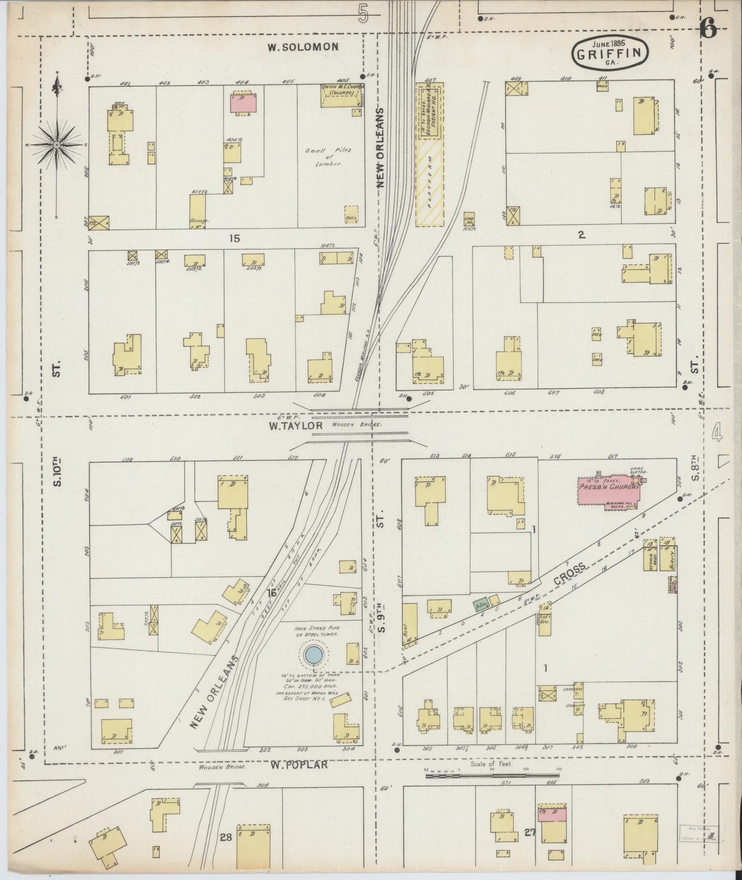 Sanborn Fire Insurance Map from Griffin, Spalding County, Georgia (1895), Sheet #0006 - Historic Sanborn Fire Insurance Map Print, vintage old map wall art, antique decor, genealogy gift, Georgia Georgia map