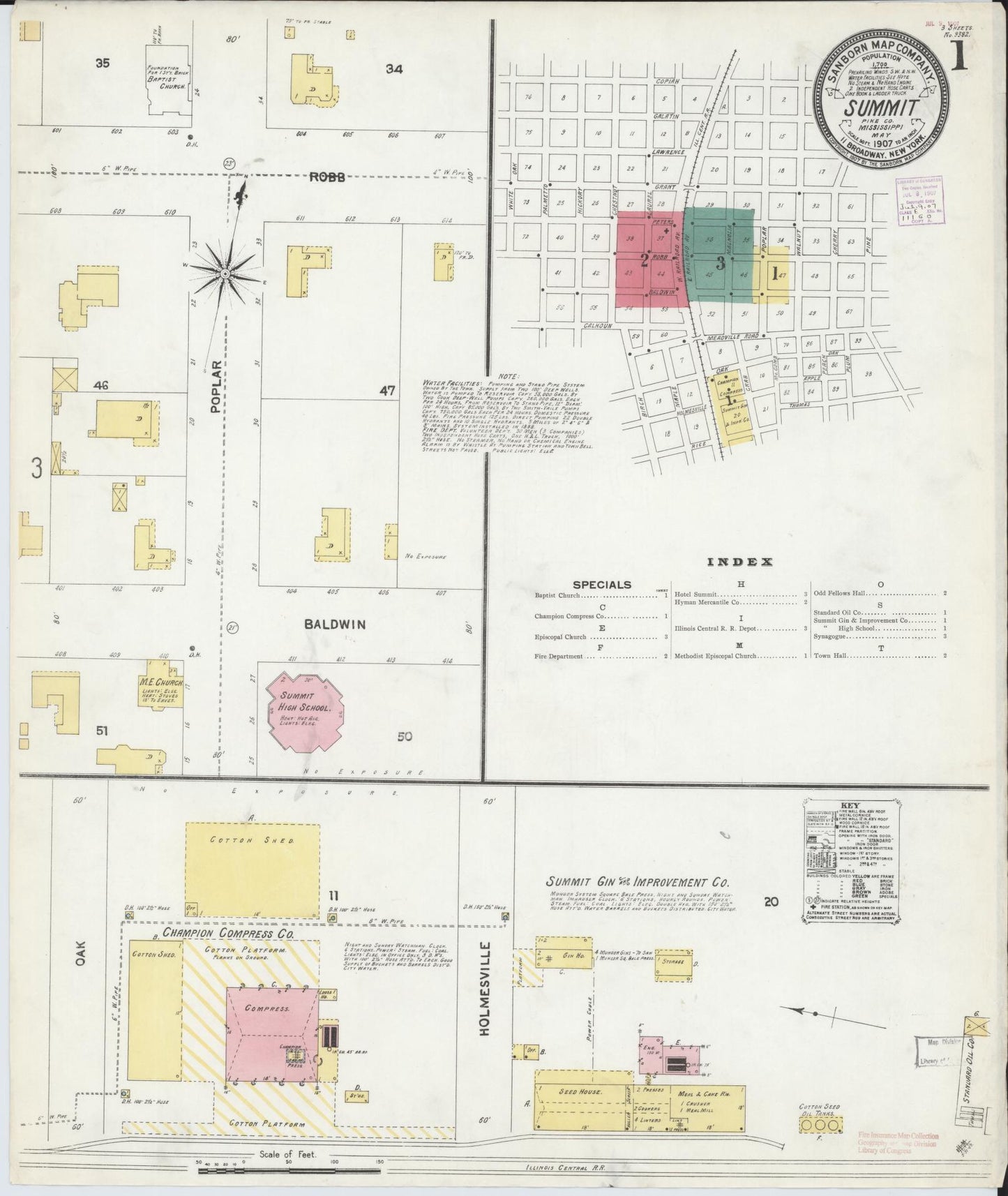 Sanborn Fire Insurance Map from Summit, Pike County, Mississippi (1907), Sheet #0001 - Historic Sanborn Fire Insurance Map Print, vintage old map wall art, antique decor, genealogy gift, Mississippi Mississippi map