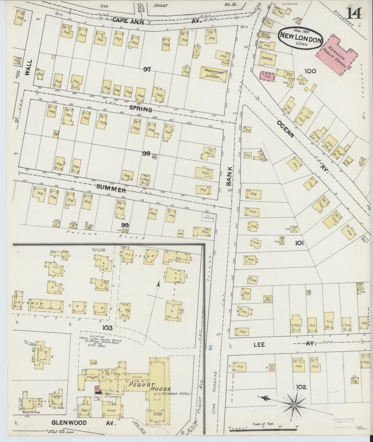 Sanborn Fire Insurance Map from New London, New London County, Connecticut (1891), Sheet #0014 - Historic Sanborn Fire Insurance Map Print, vintage old map wall art, antique decor, genealogy gift, Connecticut Connecticut map