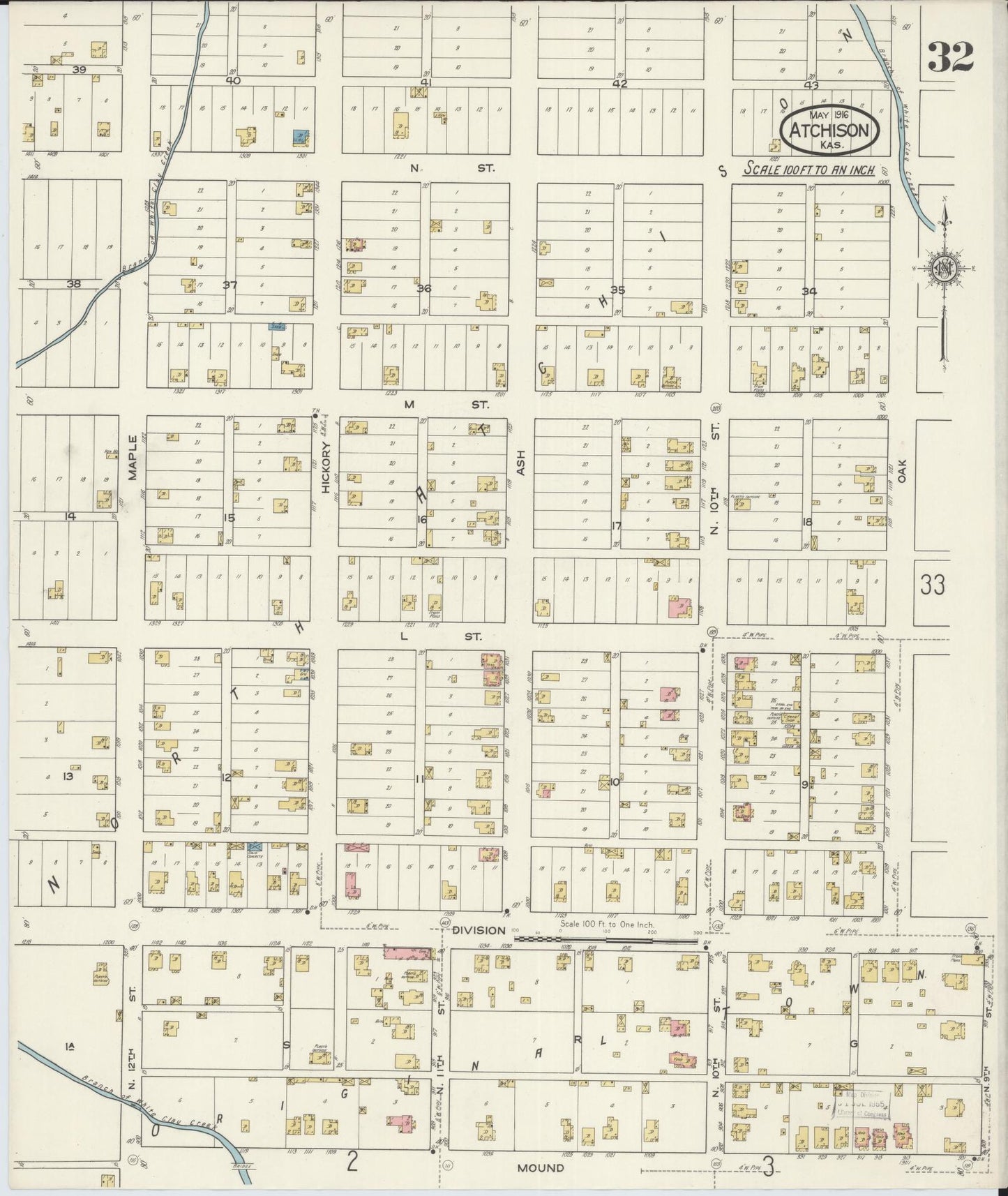 Sanborn Fire Insurance Map from Atchison, Atchison County, Kansas (1916), Sheet #0032 - Historic Sanborn Fire Insurance Map Print, vintage old map wall art, antique decor, genealogy gift, Kansas Kansas map