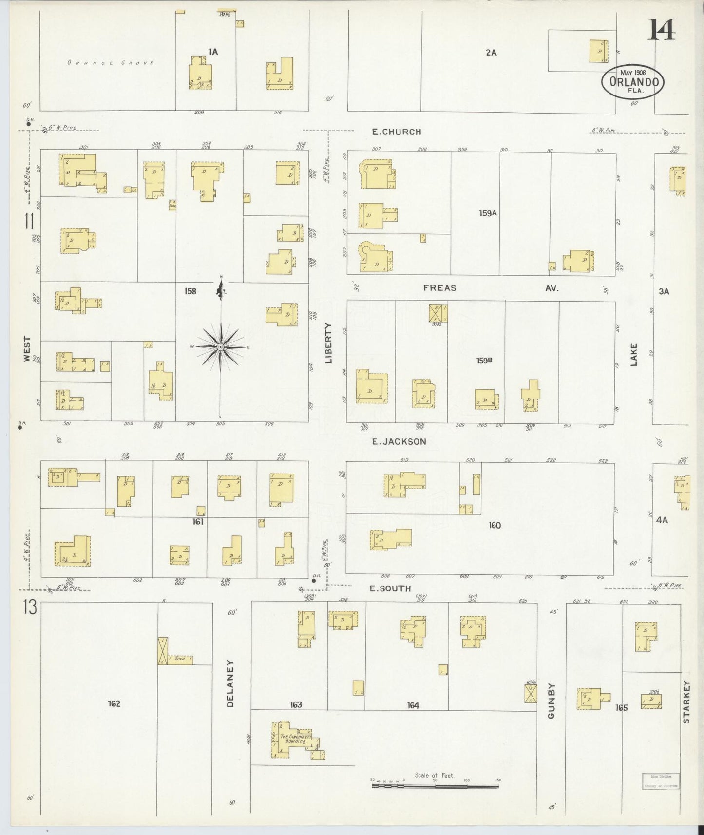 Sanborn Fire Insurance Map from Orlando, Orange County, Florida (1908), Sheet #0014 - Historic Sanborn Fire Insurance Map Print, vintage old map wall art, antique decor, genealogy gift, Florida Florida map
