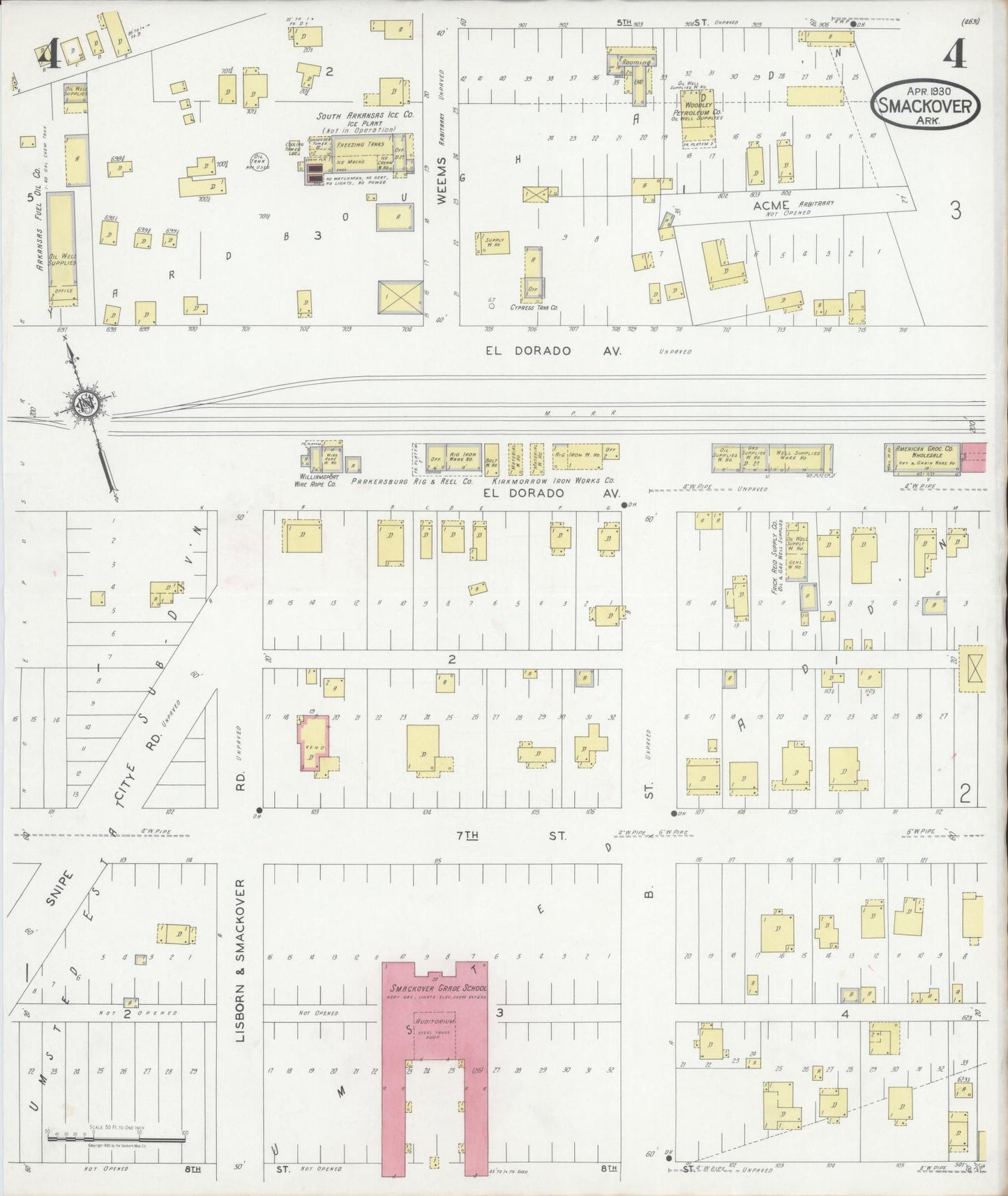 Sanborn Fire Insurance Map from Smackover, Union County, Arkansas (1930), Sheet #0004 - Historic Sanborn Fire Insurance Map Print, vintage old map wall art, antique decor, genealogy gift, Arkansas Arkansas map