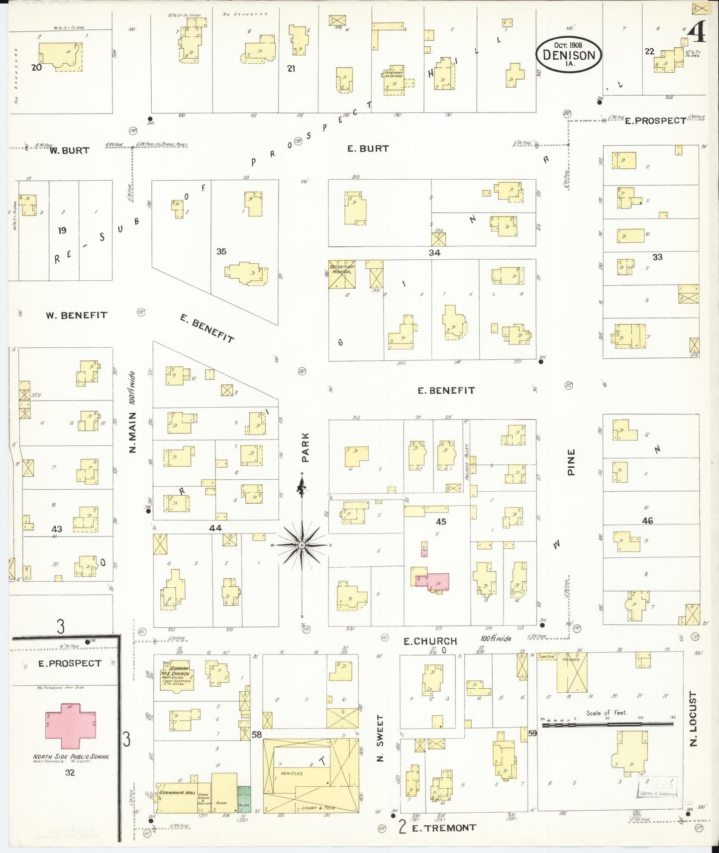 Sanborn Fire Insurance Map from Denison, Crawford County, Iowa (1908), Sheet #0004 - Historic Sanborn Fire Insurance Map Print, vintage old map wall art