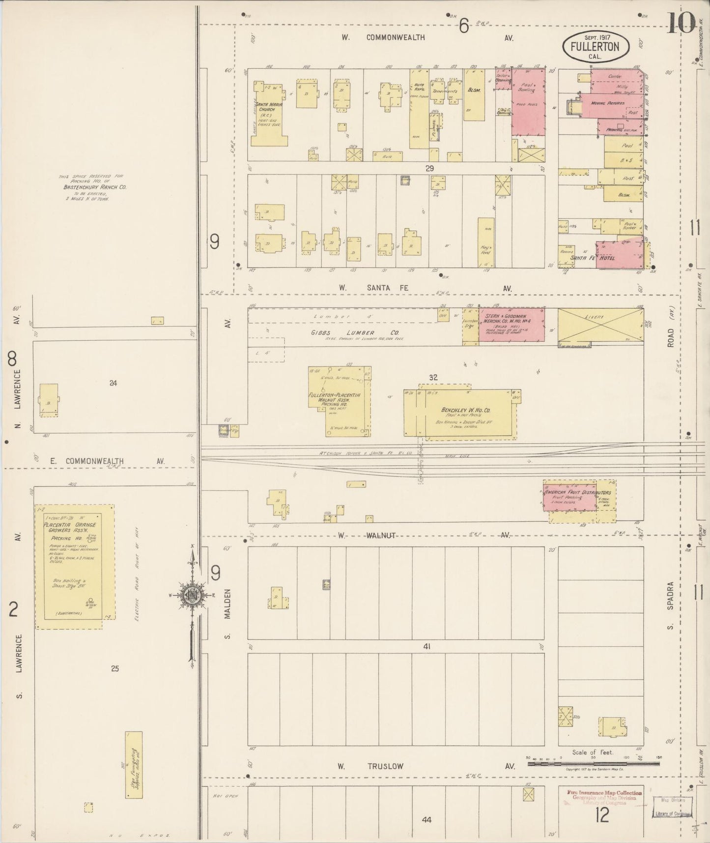 Sanborn Fire Insurance Map from Fullerton, Orange County, California (1917), Sheet #0010 - Historic Sanborn Fire Insurance Map Print, vintage old map wall art, antique decor, genealogy gift, California California map