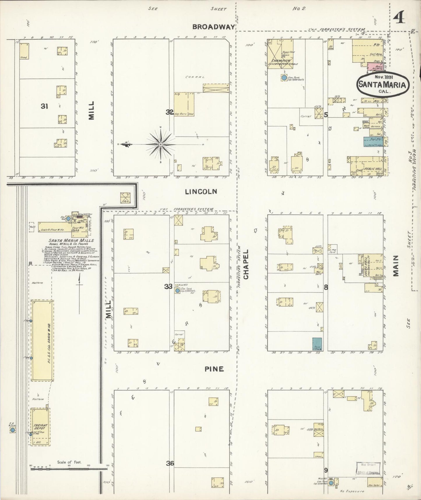 Sanborn Fire Insurance Map from Santa Maria, Santa Barbara County, California (1891), Sheet #0004 - Complete Map Set gallery image, historic Sanborn map, vintage wall art, California California
