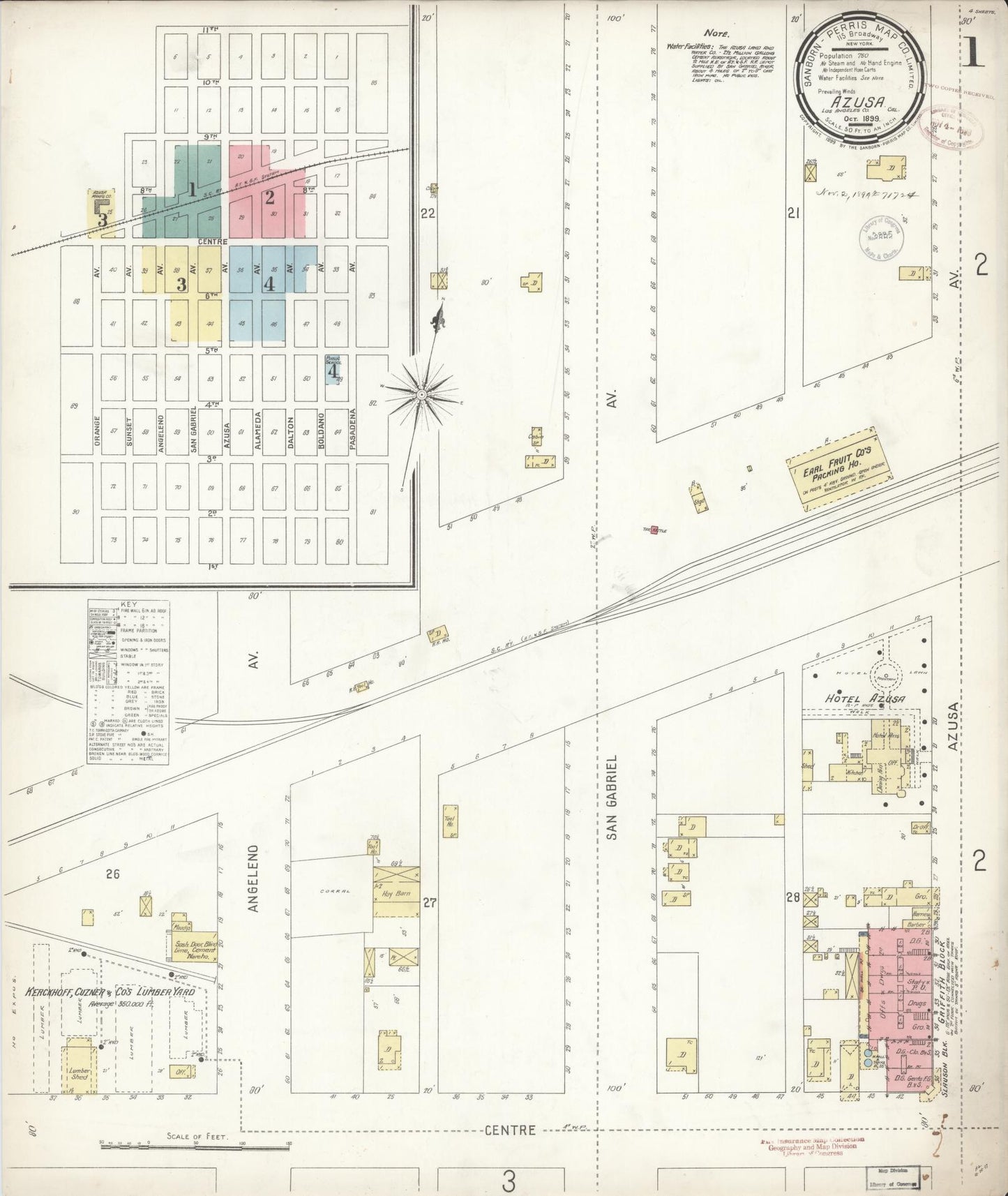 Sanborn Fire Insurance Map from Azusa, Los Angeles County, California (1899), Sheet #0001 - Historic Sanborn Fire Insurance Map Print, vintage old map wall art, antique decor, genealogy gift, California California map