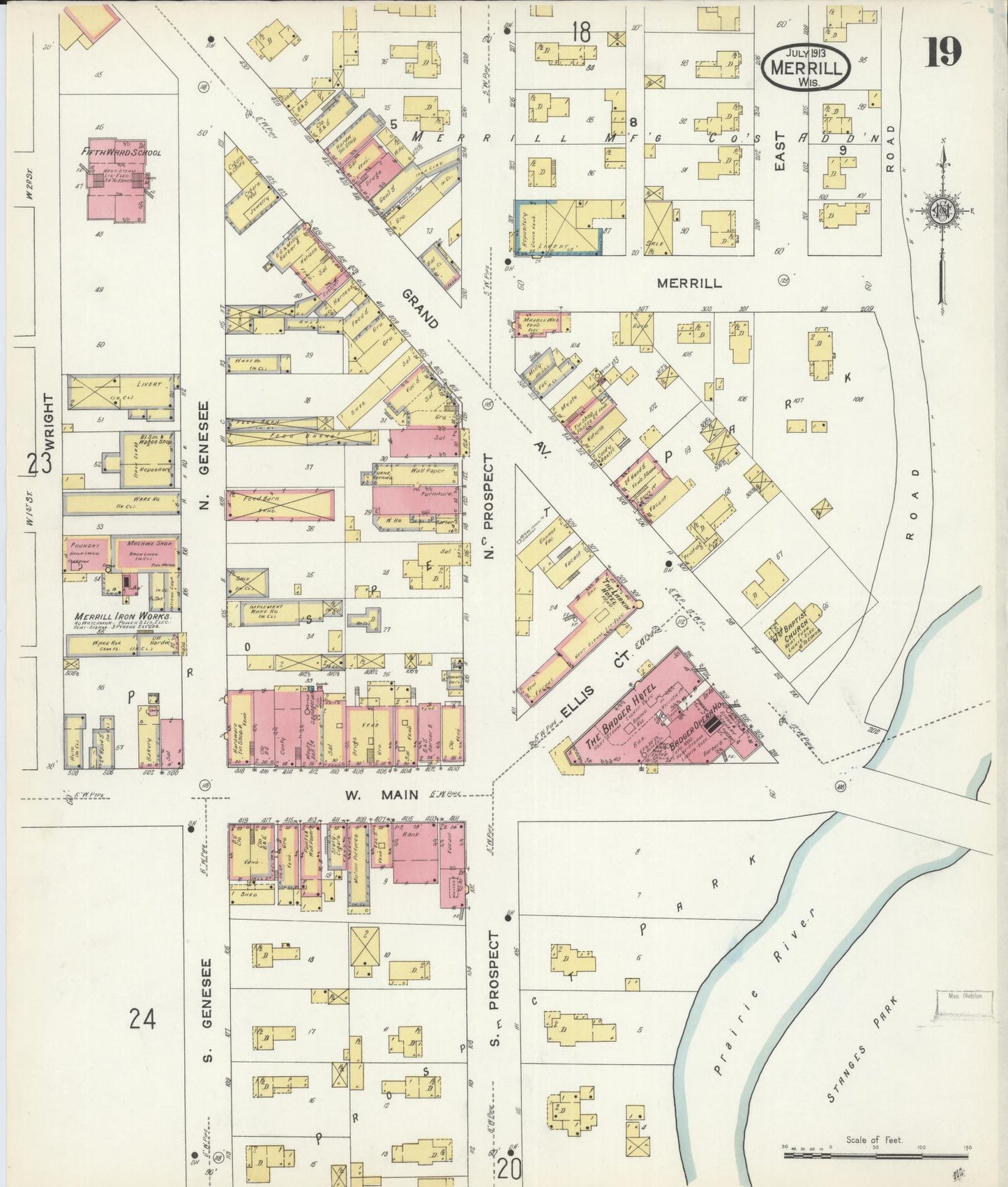 Sanborn Fire Insurance Map from Merrill, Lincoln County, Wisconsin (1913), Sheet #0019 - Historic Sanborn Fire Insurance Map Print, vintage old map wall art, antique decor, genealogy gift, Wisconsin Wisconsin map