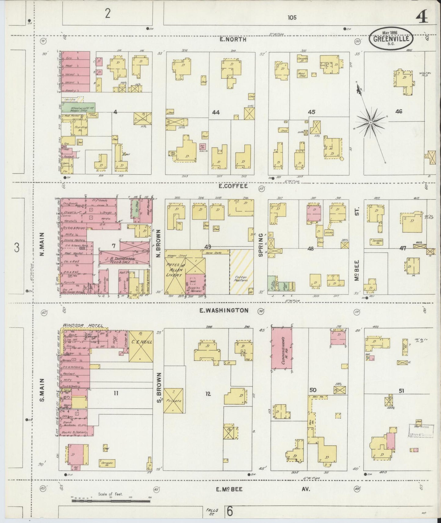 Sanborn Fire Insurance Map from Greenville, Greenville County, South Carolina (1898), Sheet #0004 - Historic Sanborn Fire Insurance Map Print, vintage old map wall art, antique decor, genealogy gift, South Carolina South Carolina map