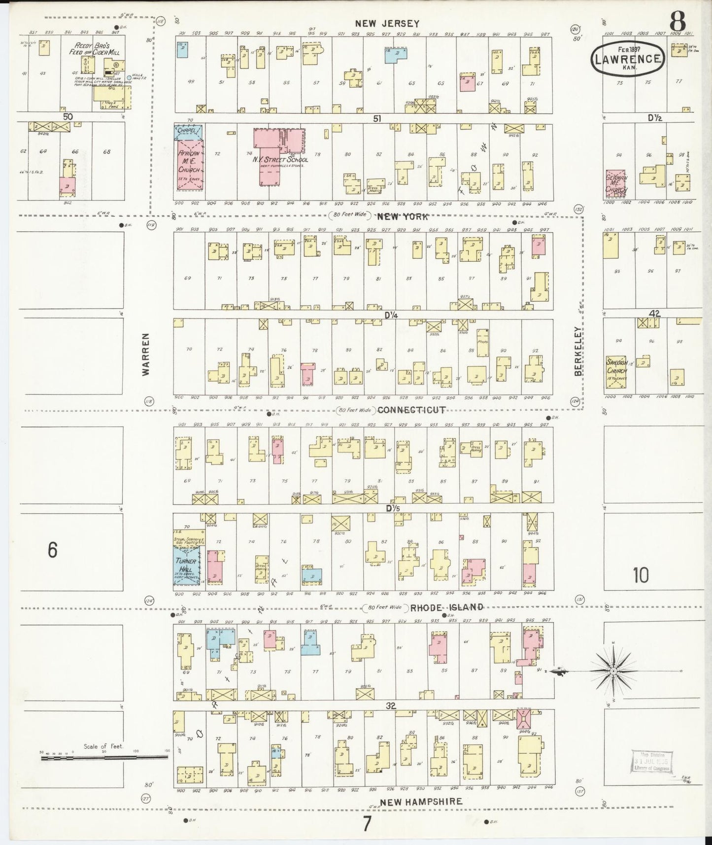 Sanborn Fire Insurance Map from Lawrence, Douglas County, Kansas (1897), Sheet #0008 - Historic Sanborn Fire Insurance Map Print, vintage old map wall art, antique decor, genealogy gift, Kansas Kansas map
