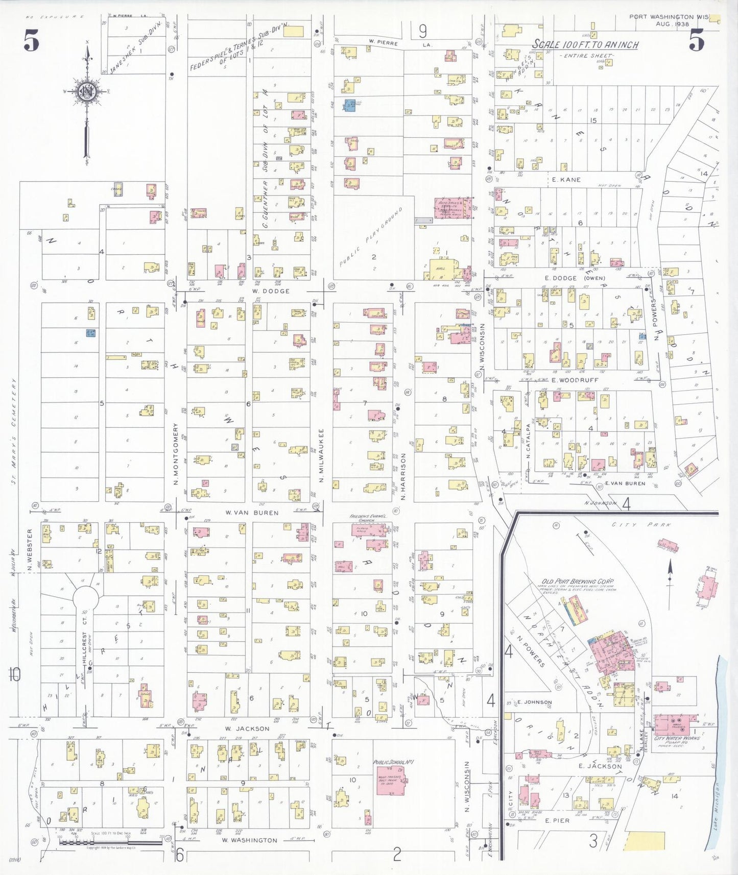 Sanborn Fire Insurance Map from Port Washington, Ozaukee County, Wisconsin (1938), Sheet #0005 - Historic Sanborn Fire Insurance Map Print, vintage old map wall art, antique decor, genealogy gift, Wisconsin Wisconsin map