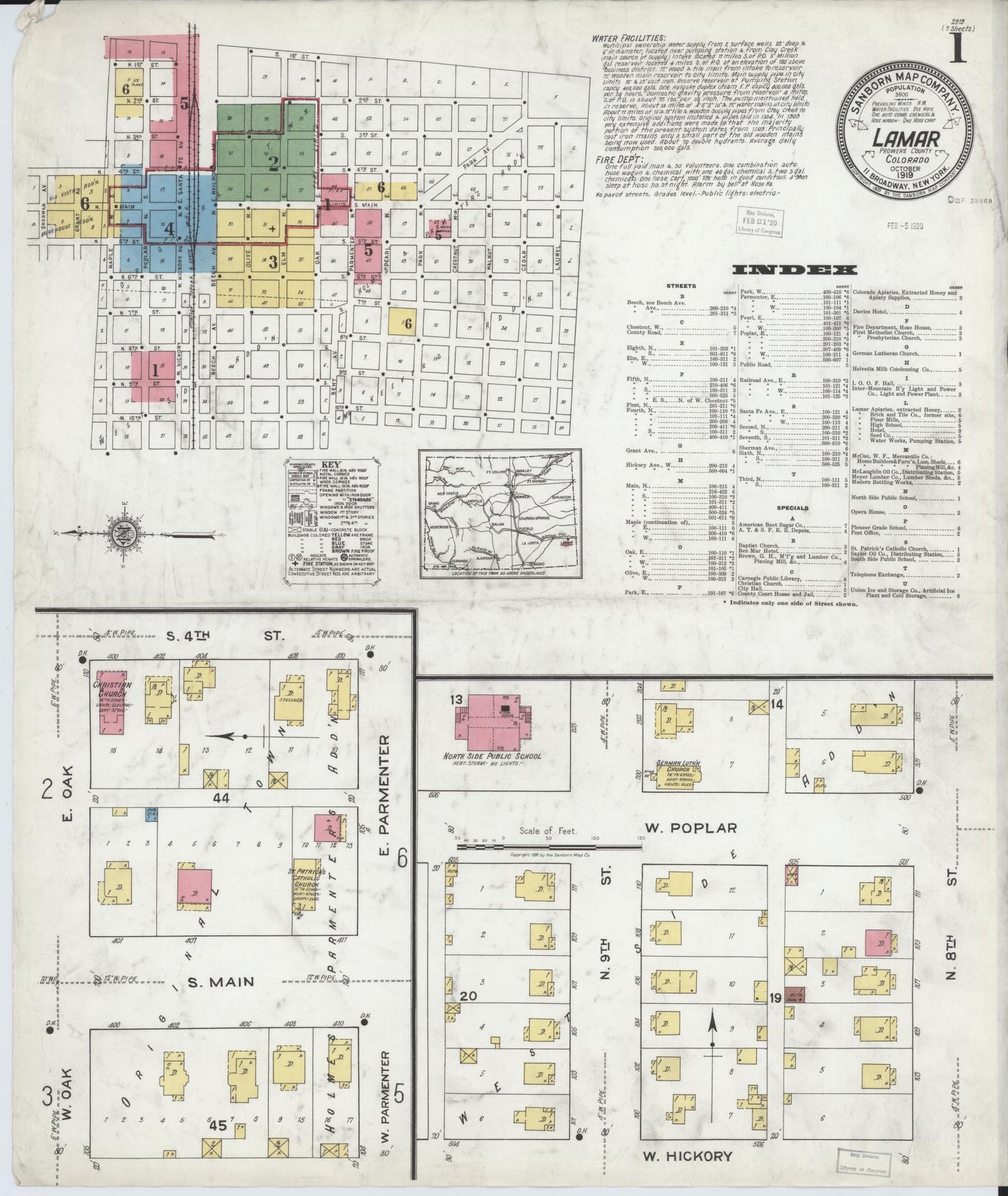 Sanborn Fire Insurance Map from Lamar, Prowers County, Colorado (1919), Sheet #0001 - Historic Sanborn Fire Insurance Map Print, vintage old map wall art, antique decor, genealogy gift, Colorado Colorado map