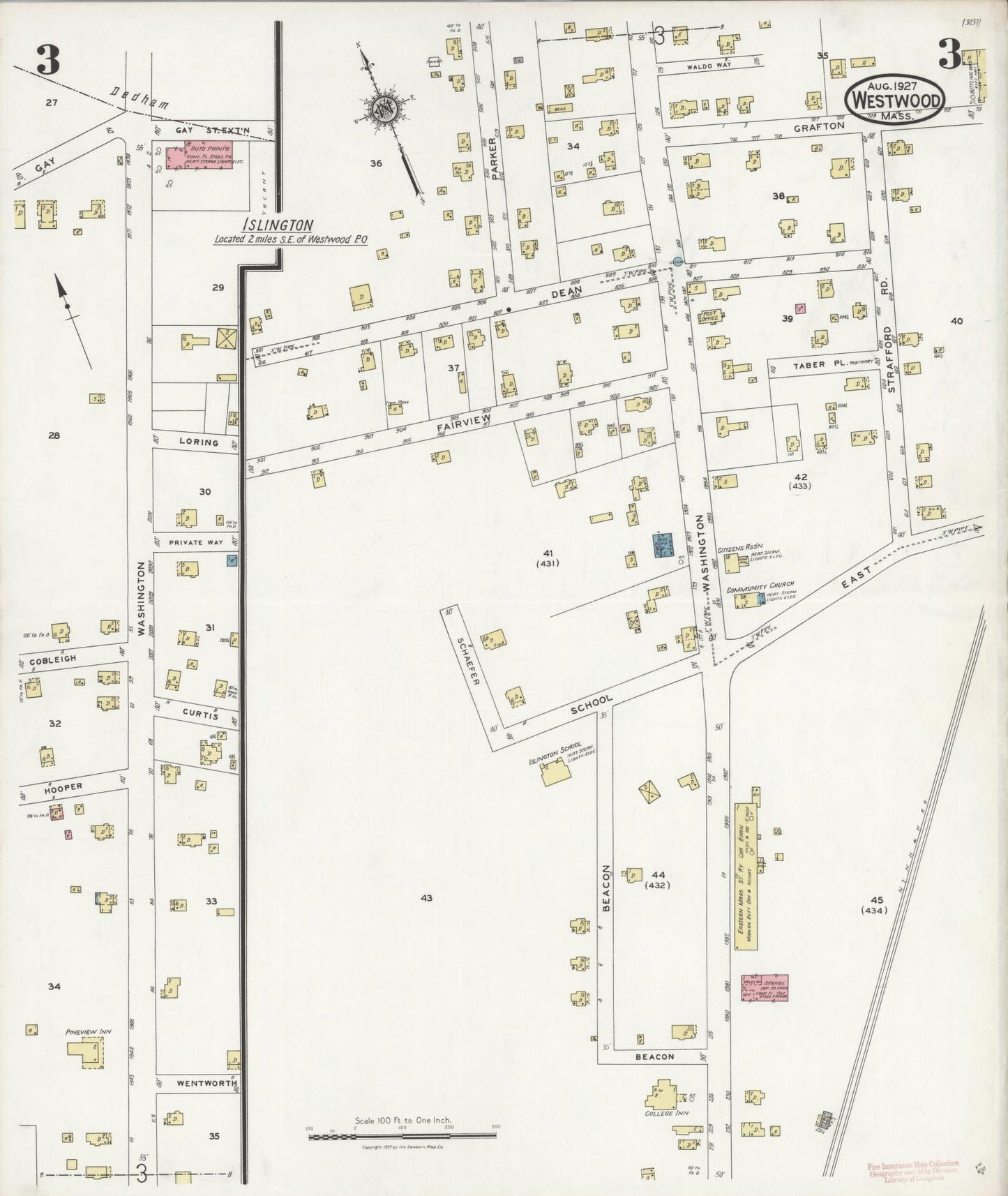 Sanborn Fire Insurance Map from Westwood, Norfolk County, Massachusetts (1927), Sheet #0003 - Complete Map Set gallery image, historic Sanborn map, vintage wall art, Massachusetts Massachusetts