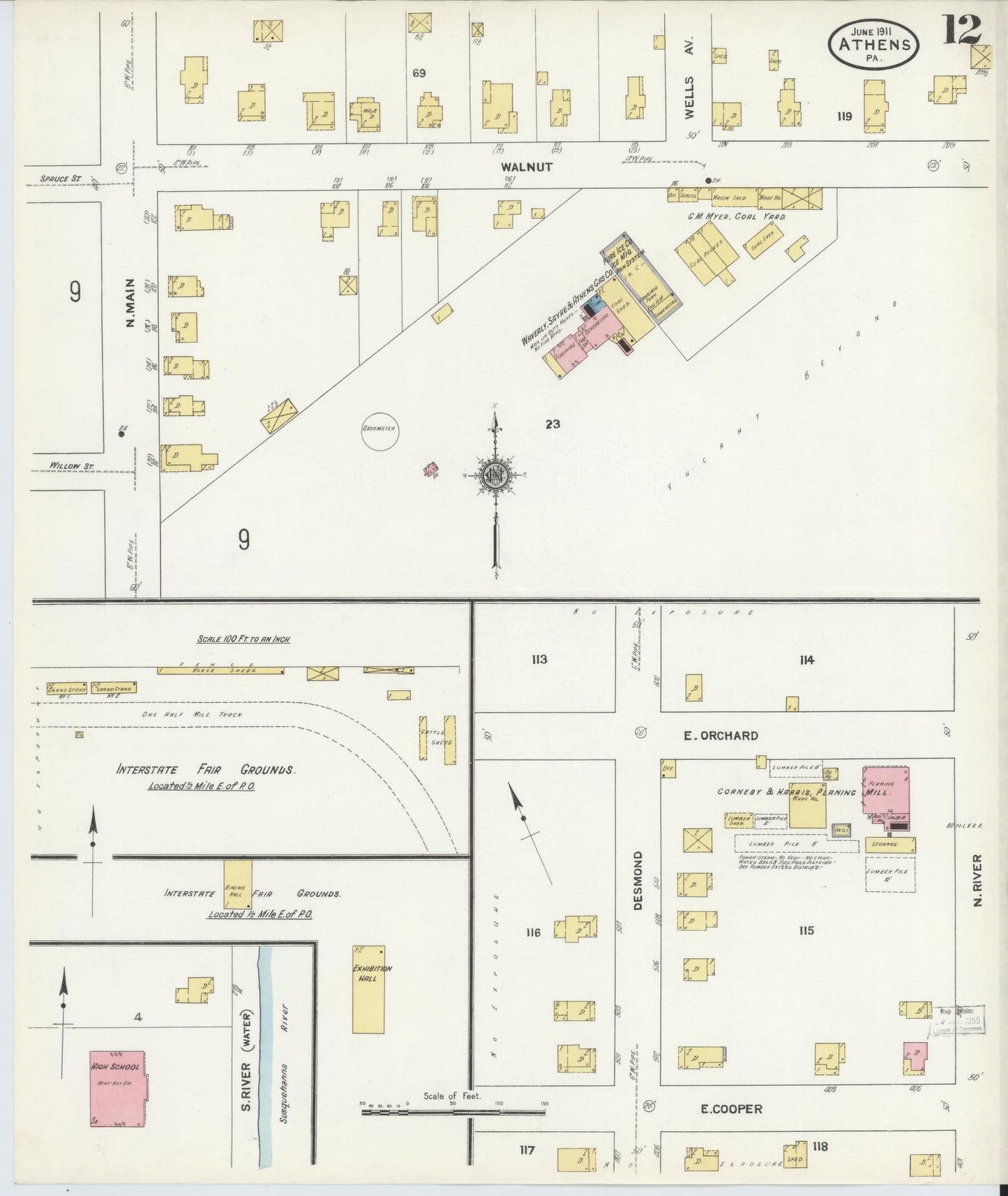 Sanborn Fire Insurance Map from Athens, Bradford County, Pennsylvania (1911), Sheet #0012 - Historic Sanborn Fire Insurance Map Print, vintage old map wall art, antique decor, genealogy gift, Pennsylvania Pennsylvania map