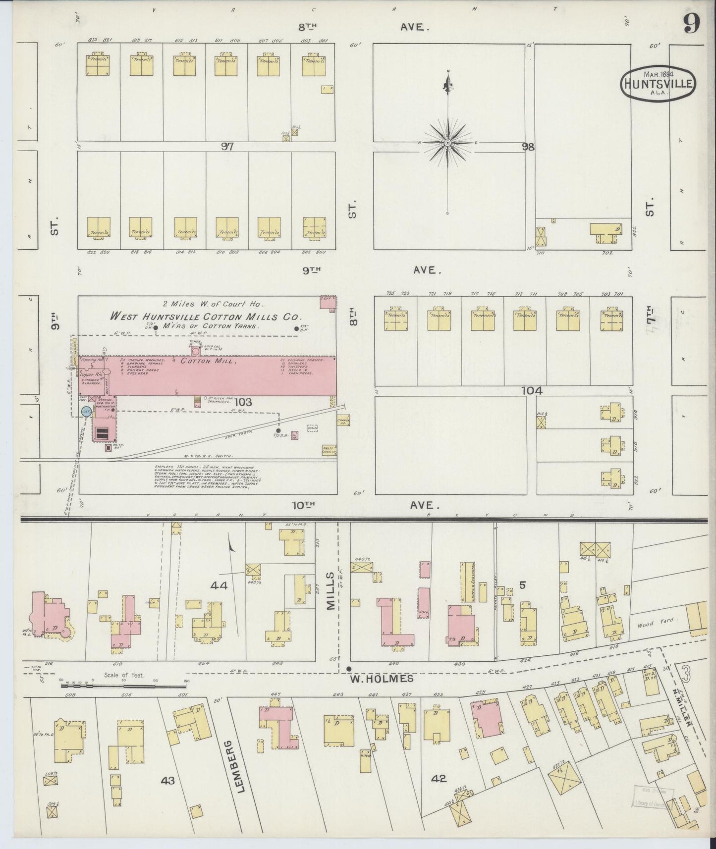 Sanborn Fire Insurance Map from Huntsville, Madison County, Alabama (1894), Sheet #0009 - Historic Sanborn Fire Insurance Map Print, vintage old map wall art, antique decor, genealogy gift, Alabama Alabama map