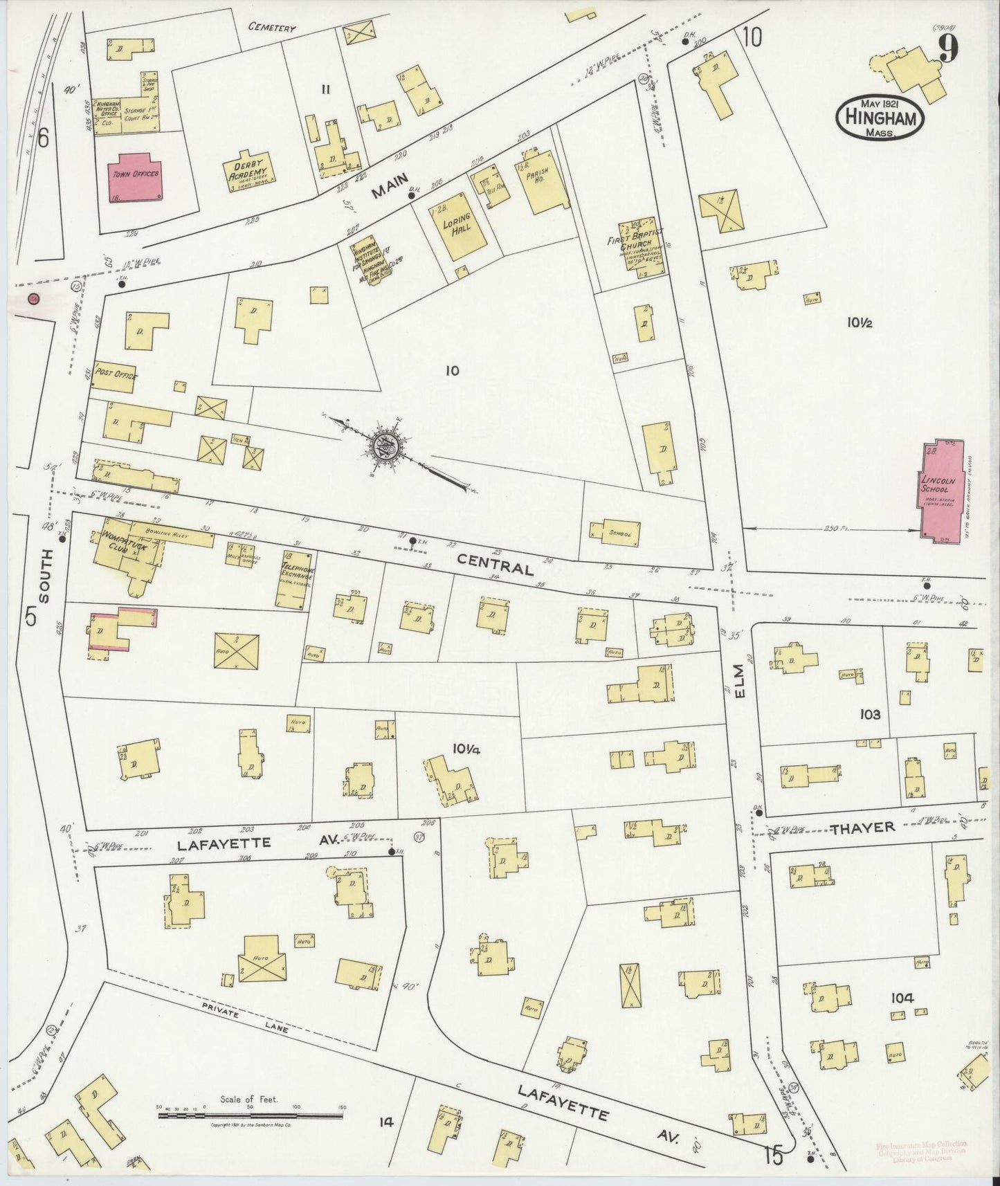 Sanborn Fire Insurance Map from Hingham, Plymouth County, Massachusetts (1921), Sheet #0009 - Historic Sanborn Fire Insurance Map Print, vintage old map wall art, antique decor, genealogy gift, Massachusetts Massachusetts map