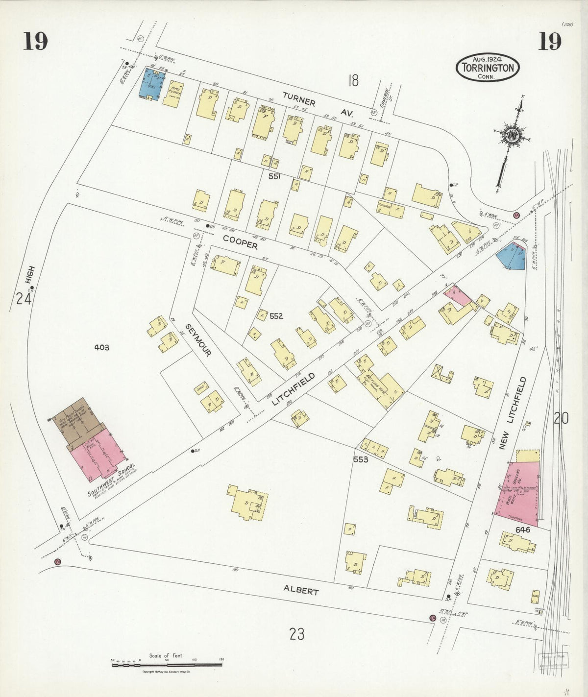 Sanborn Fire Insurance Map from Torrington, Litchfield County, Connecticut (1924), Sheet #0019 - Historic Sanborn Fire Insurance Map Print, vintage old map wall art, antique decor, genealogy gift, Connecticut Connecticut map