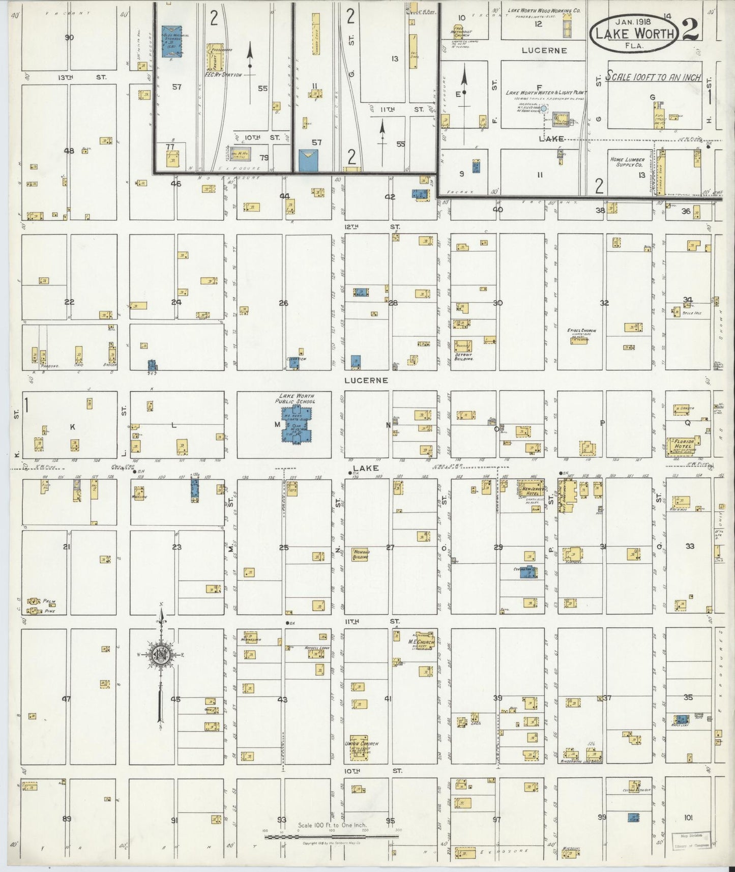 Sanborn Fire Insurance Map from Lake Worth, Palm Beach County, Florida (1918), Sheet #0002 - Complete Map Set gallery image, historic Sanborn map, vintage wall art, Florida Florida