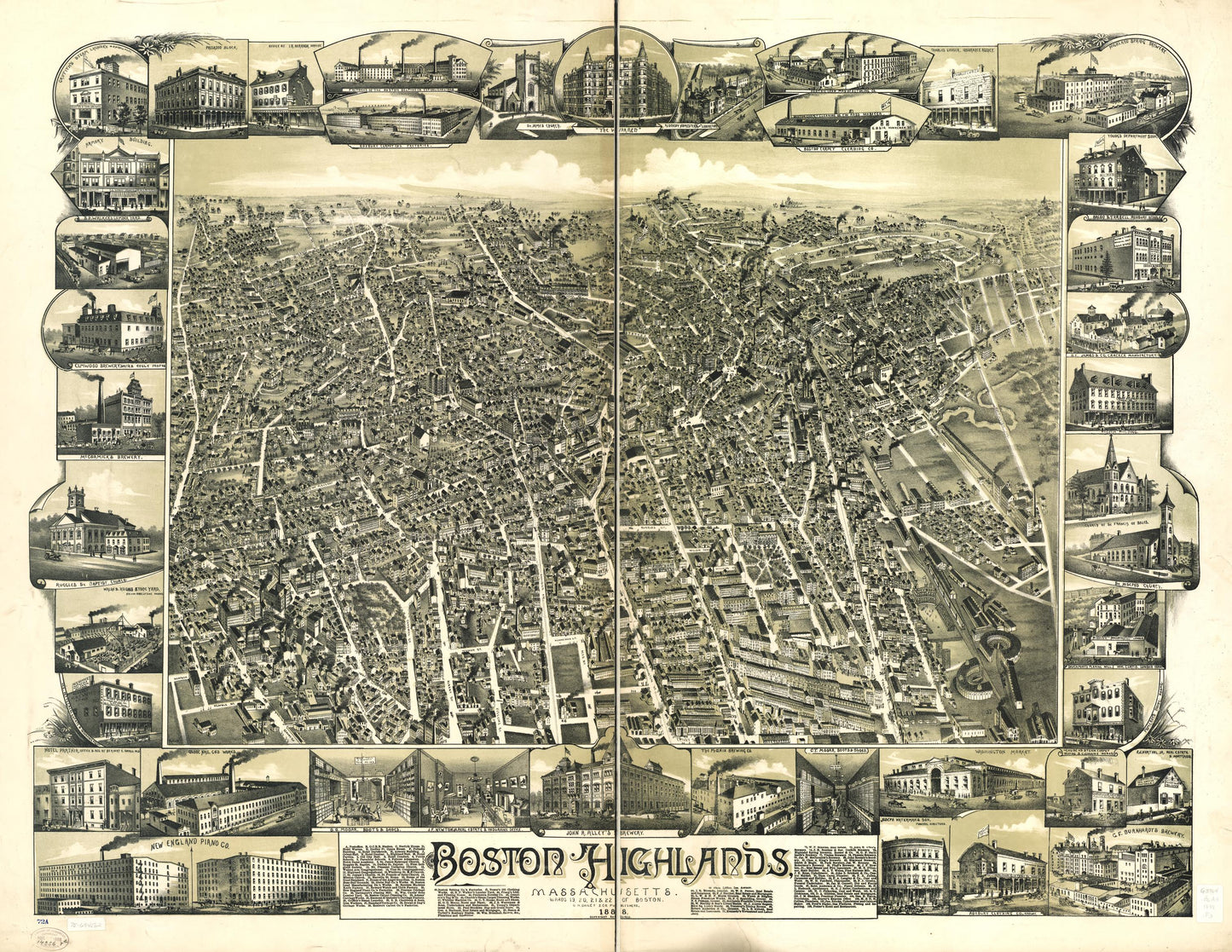 Boston Highlands, Massachusetts. Wards 19, 20, 21 & 22 of Boston. (1888) – Historic Bird’s-Eye View Panorama Print