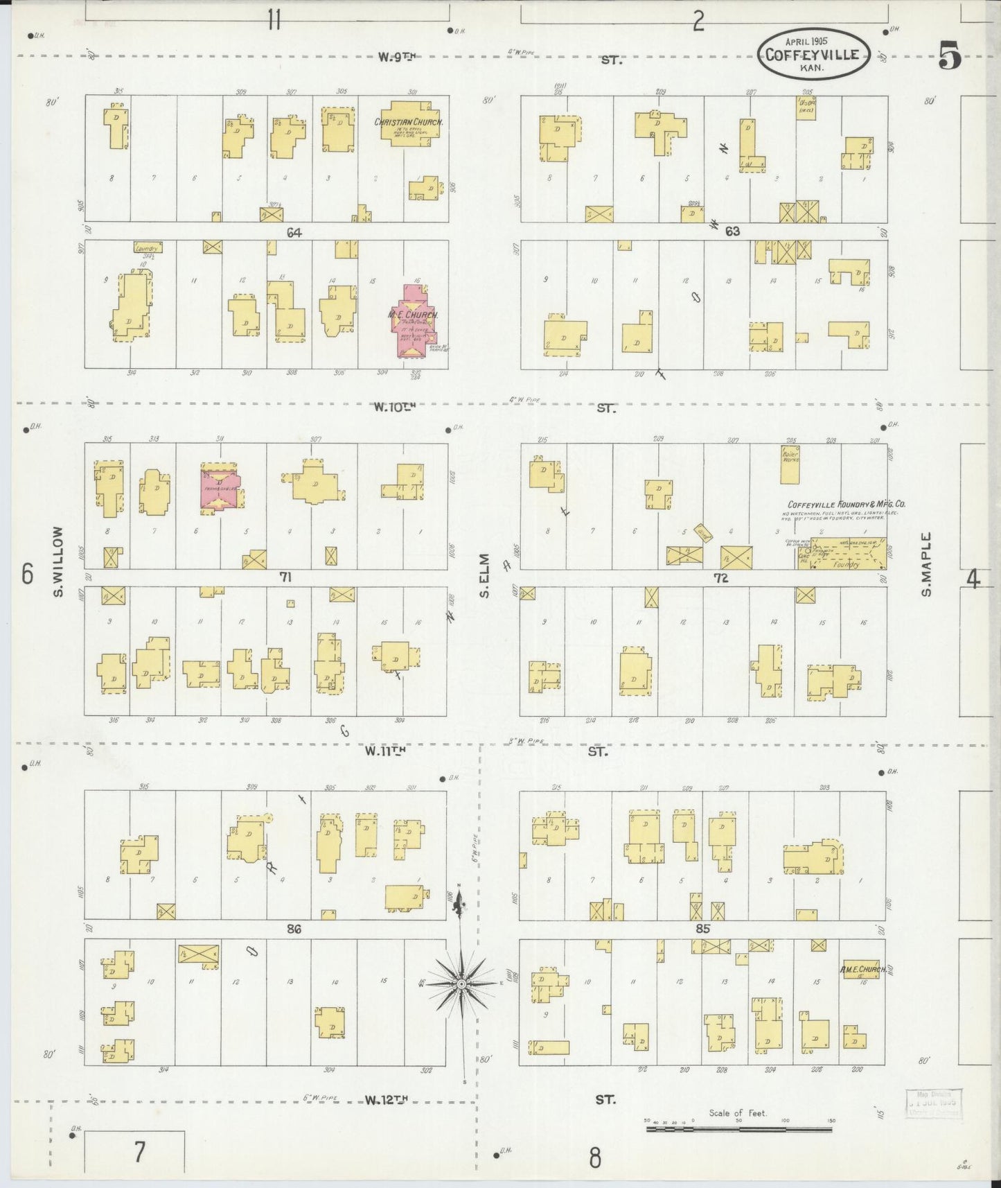 Sanborn Fire Insurance Map from Coffeyville, Montgomery County, Kansas (1905), Sheet #0005 - Historic Sanborn Fire Insurance Map Print, vintage old map wall art, antique decor, genealogy gift, Kansas Kansas map