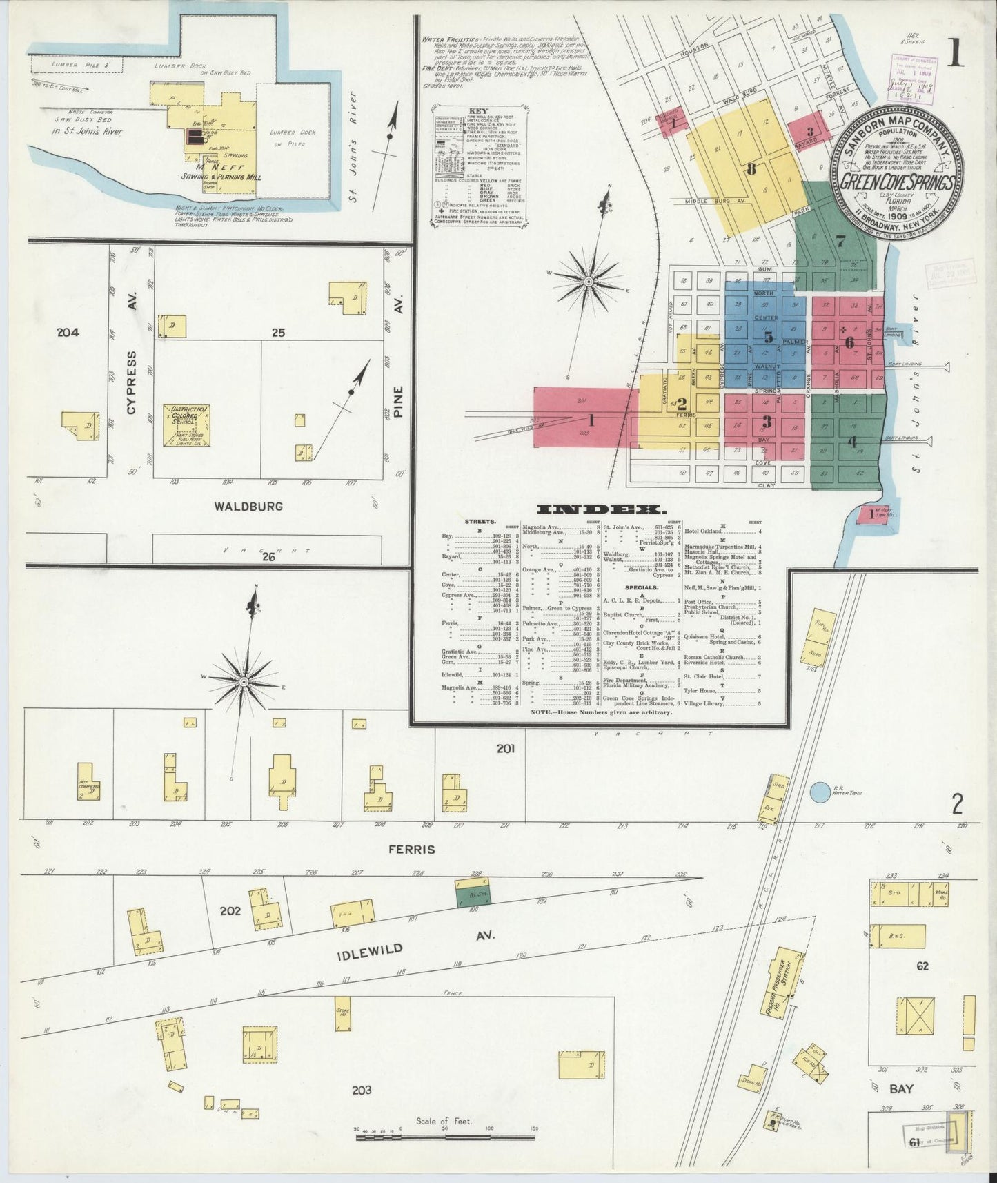 Sanborn Fire Insurance Map from Green Cove Springs, Clay County, Florida (1909), Sheet #0001 - Historic Sanborn Fire Insurance Map Print, vintage old map wall art, antique decor, genealogy gift, Florida Florida map