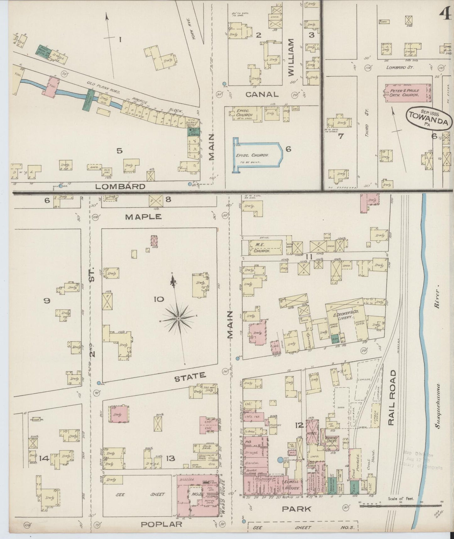 Sanborn Fire Insurance Map from Towanda, Bradford County, Pennsylvania (1885), Sheet #0004 - Complete Map Set gallery image, historic Sanborn map, vintage wall art, Pennsylvania Pennsylvania