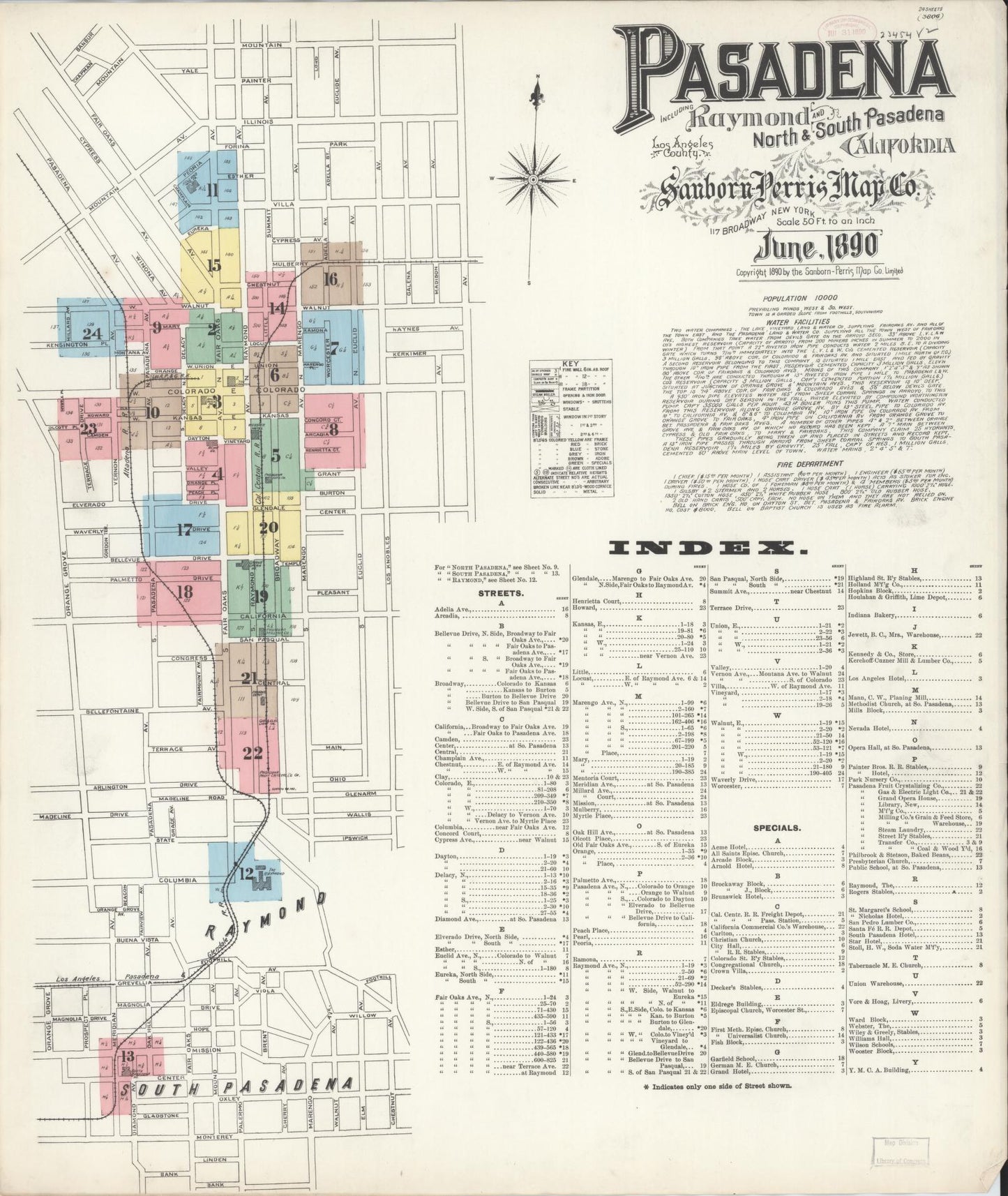 Sanborn Fire Insurance Map from Pasadena, Los Angeles County, California. (1890) – Historic Sanborn Fire Insurance Map Print